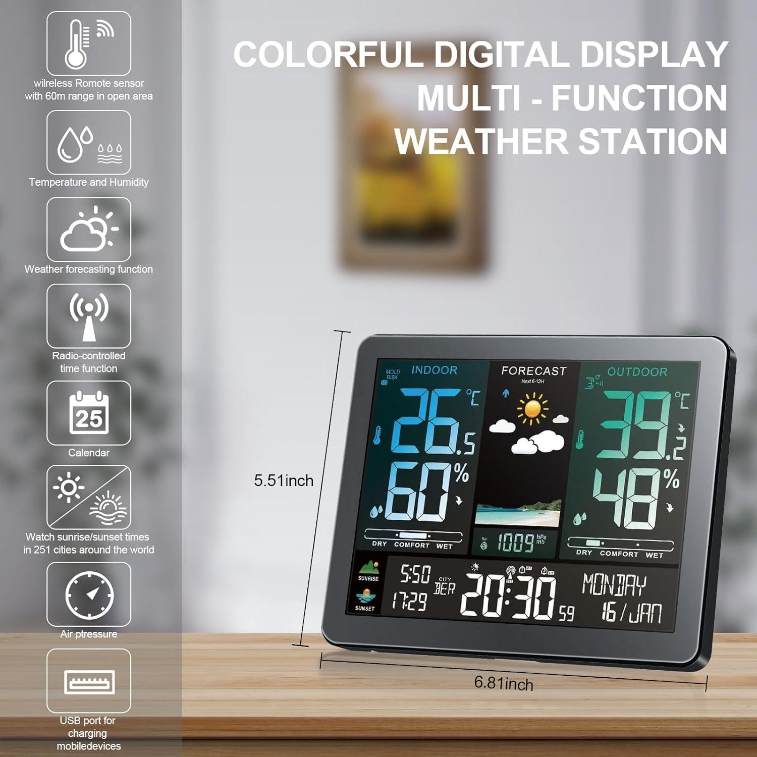 Weather Station Wireless Indoor Outdoor with Sensors Color Display Digital Weather Forecast Temperature Humidity Monitor Alarm Clock Electronic Sunrise Sunset Time Adjustable Backlight for Home Wall