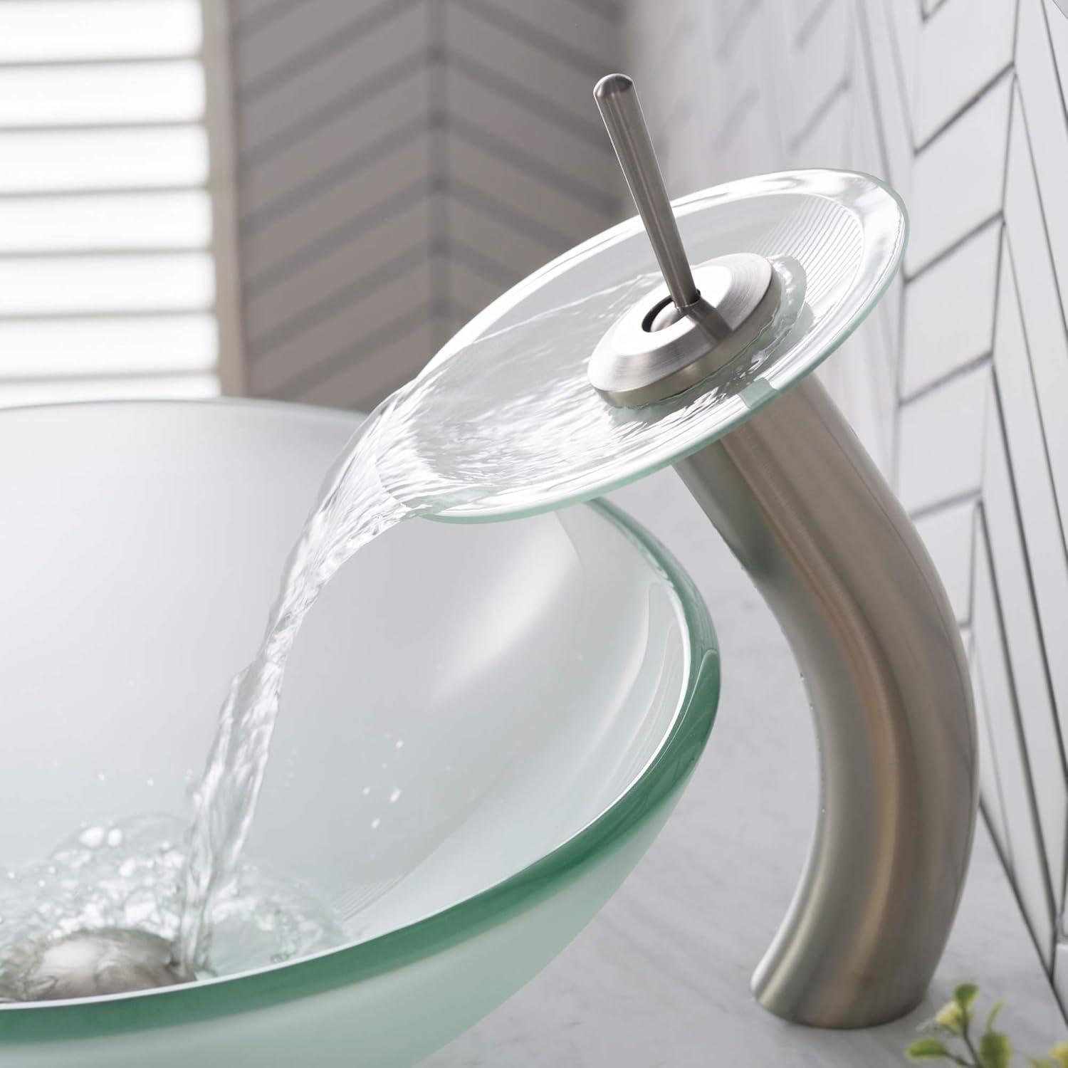 KRAUS Tall Waterfall Bathroom Faucet for Vessel Sink with Frosted Glass Disk and Pop-Up Drain, Satin Nickel Finish