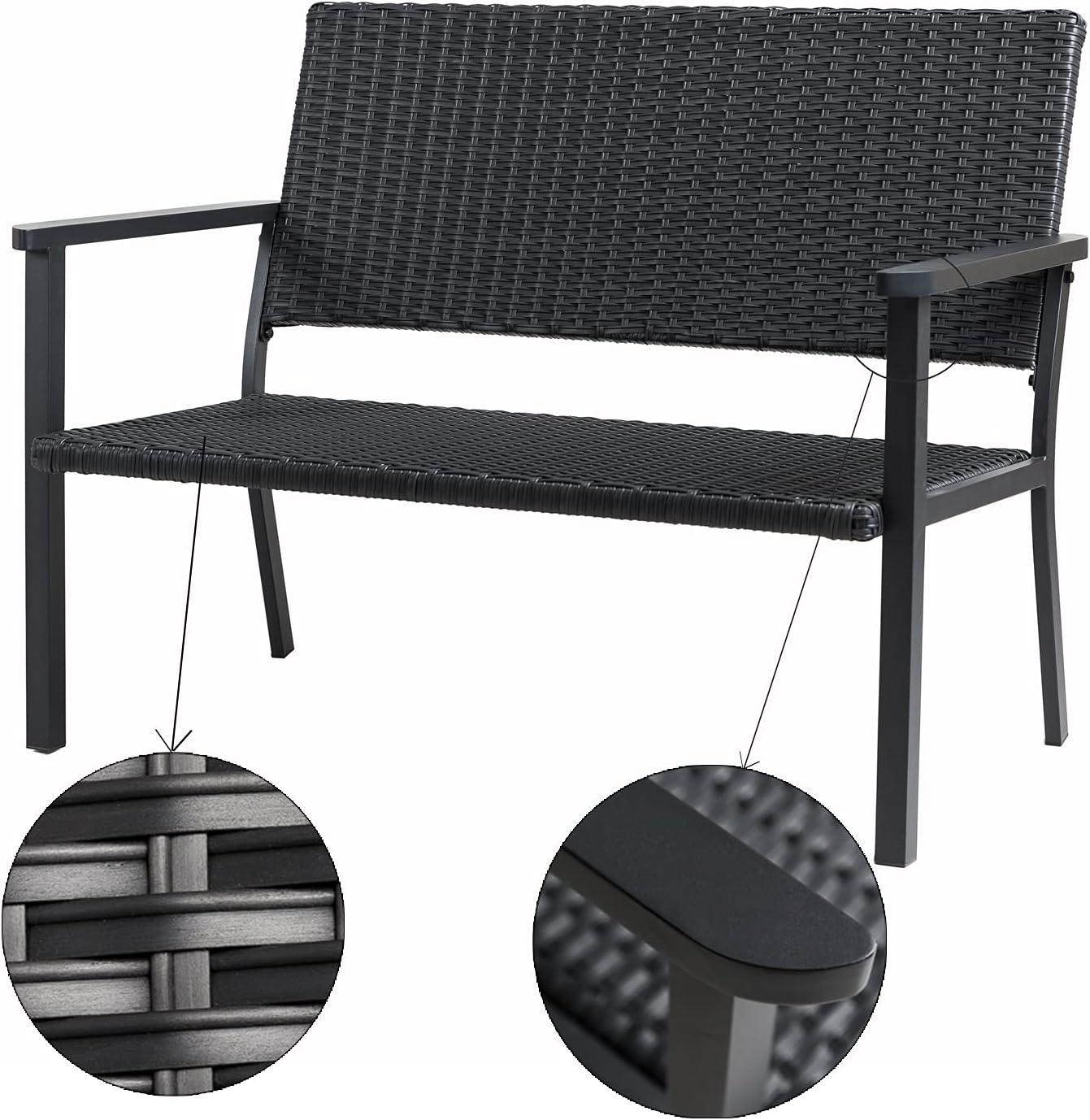 C-Hopetree Outdoor Loveseat Bench Chair for Outside Patio Porch, Metal Frame, Black All Weather Wicker