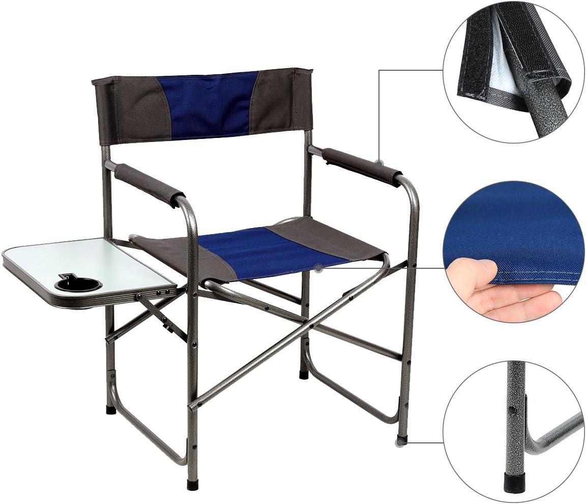 Blue and Grey Foldable Steel Camping Director Chair with Side Table