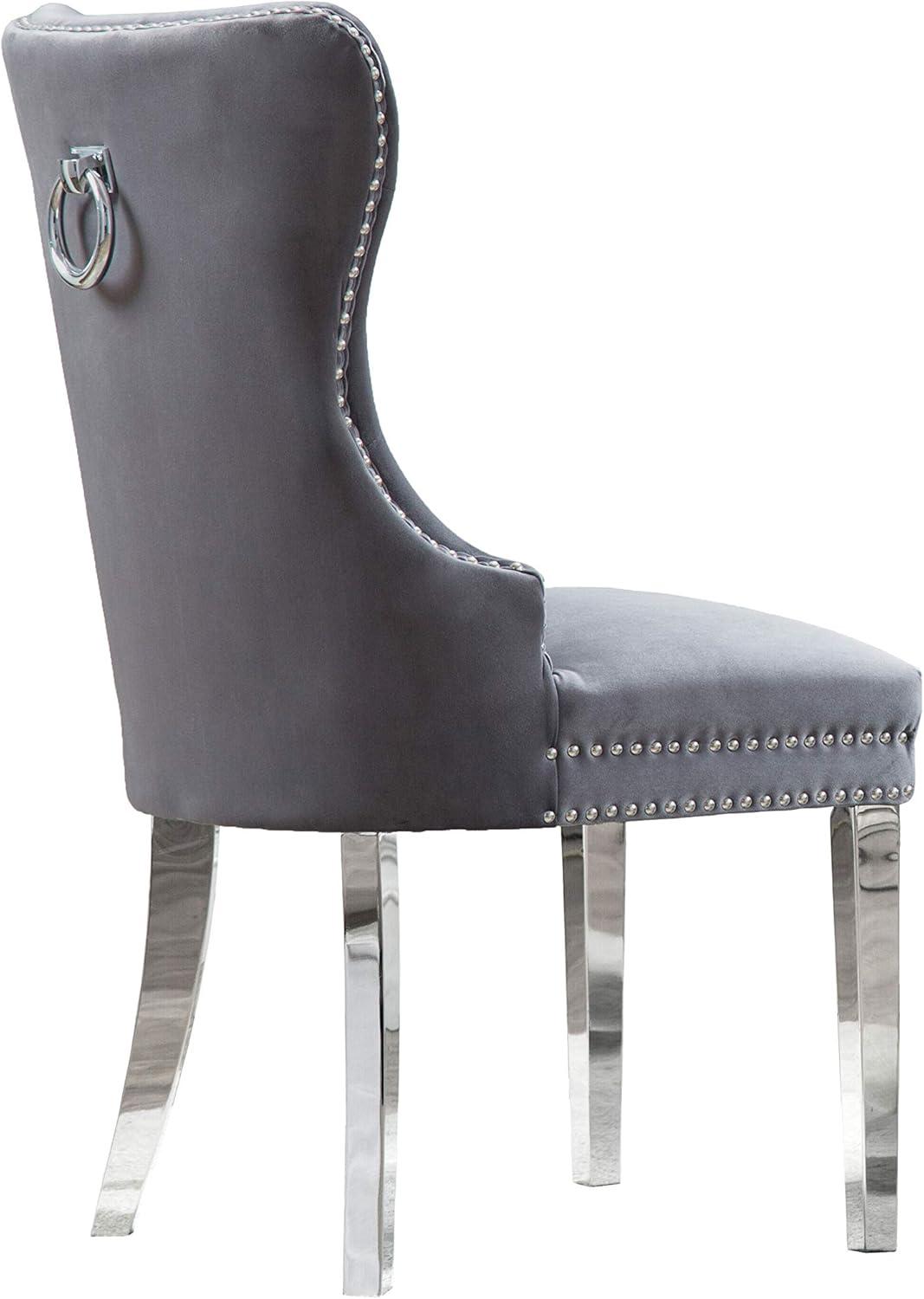 Tufted Dark Gray Velvet Side Chairs with Silver Stainless Steel (Set of 2)