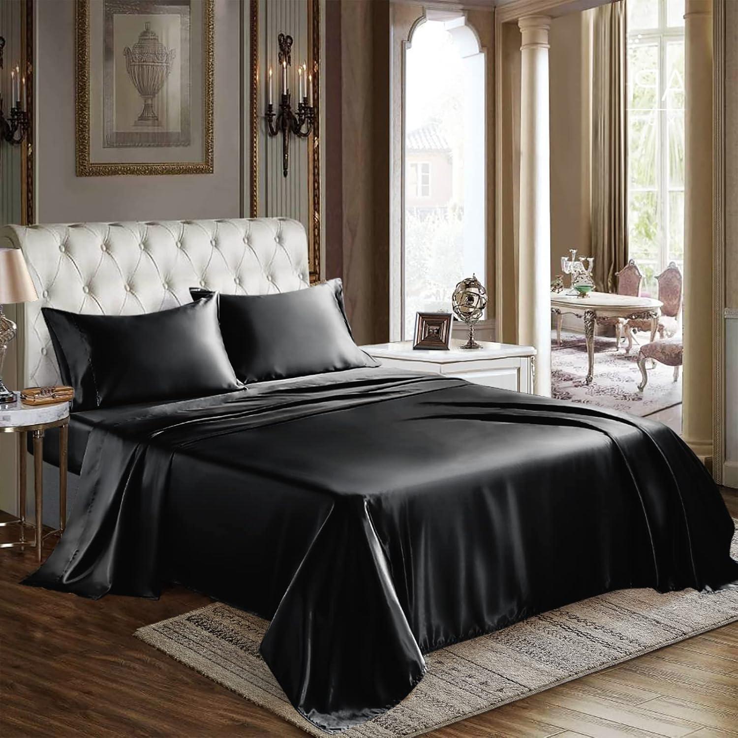 Black Satin Full Size 4-Piece Deep Pocket Sheet Set