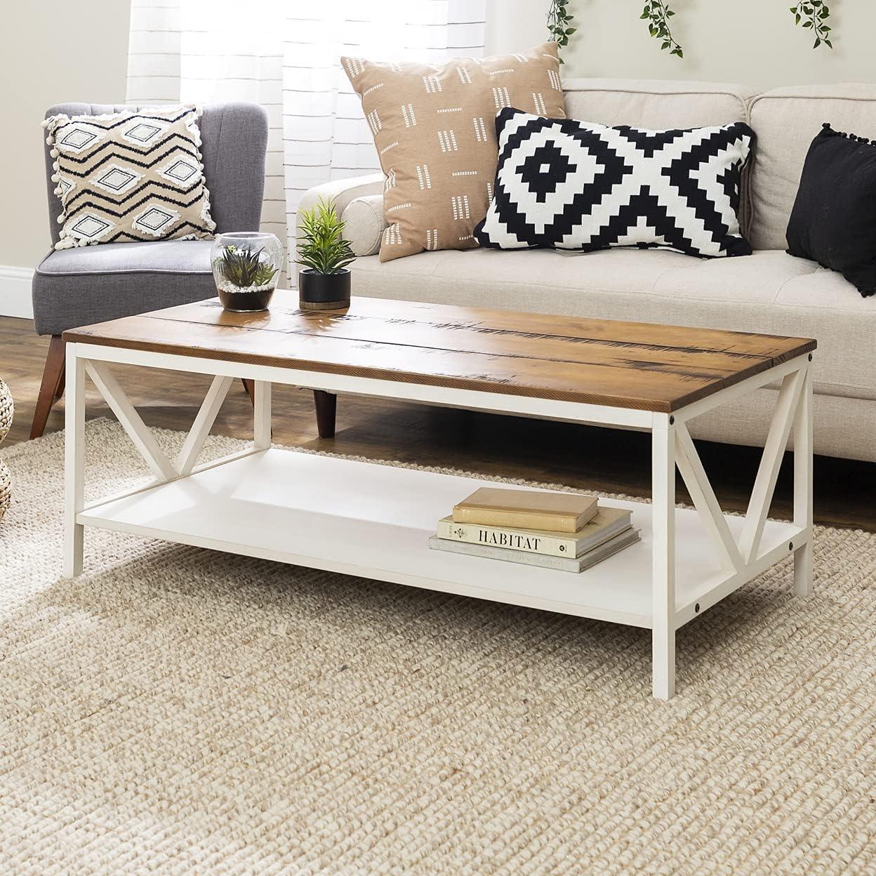 48" Distressed Pine Wood Farmhouse Coffee Table with Shelf