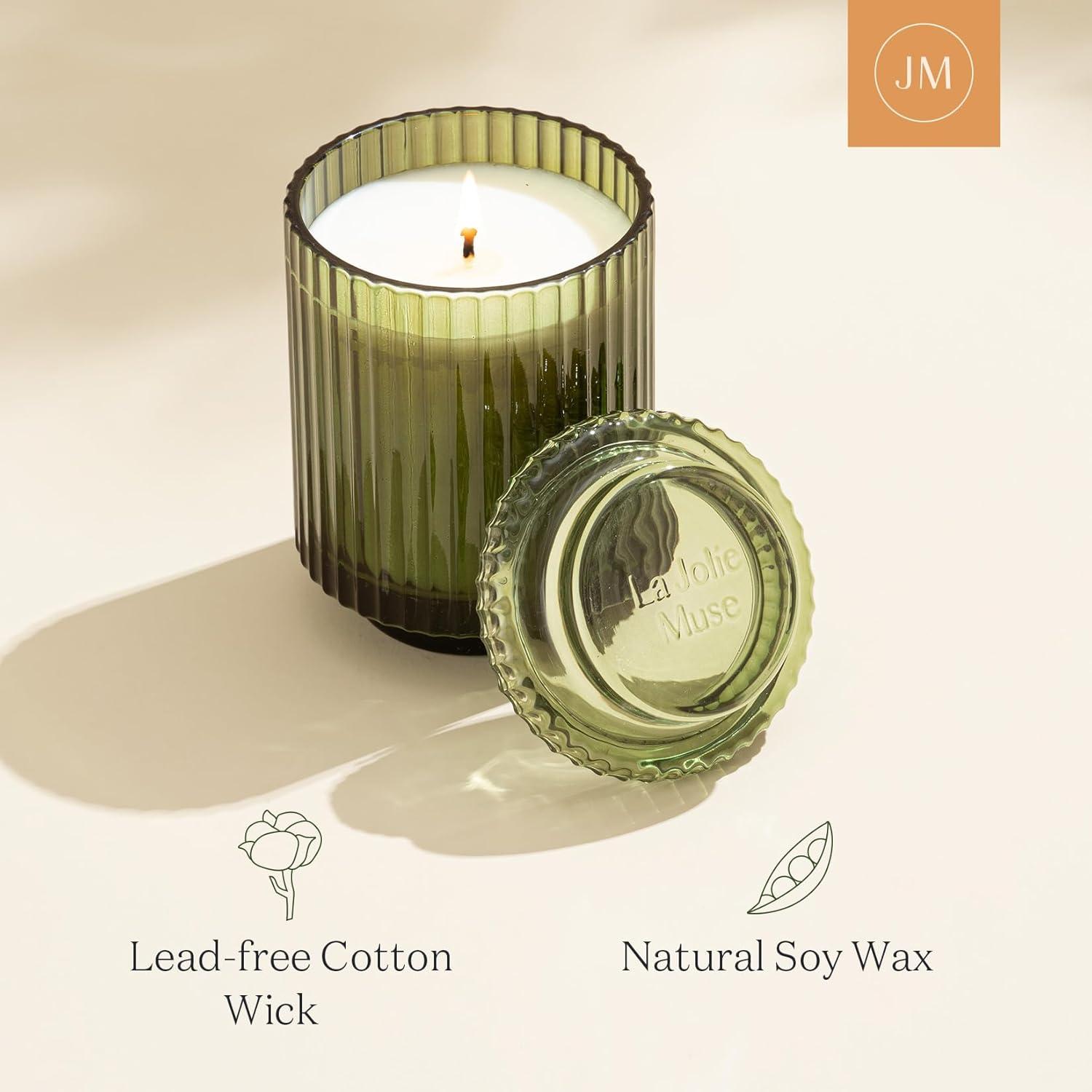 Pomegranate & Pine Green Ribbed Glass Soy Candle, 11oz