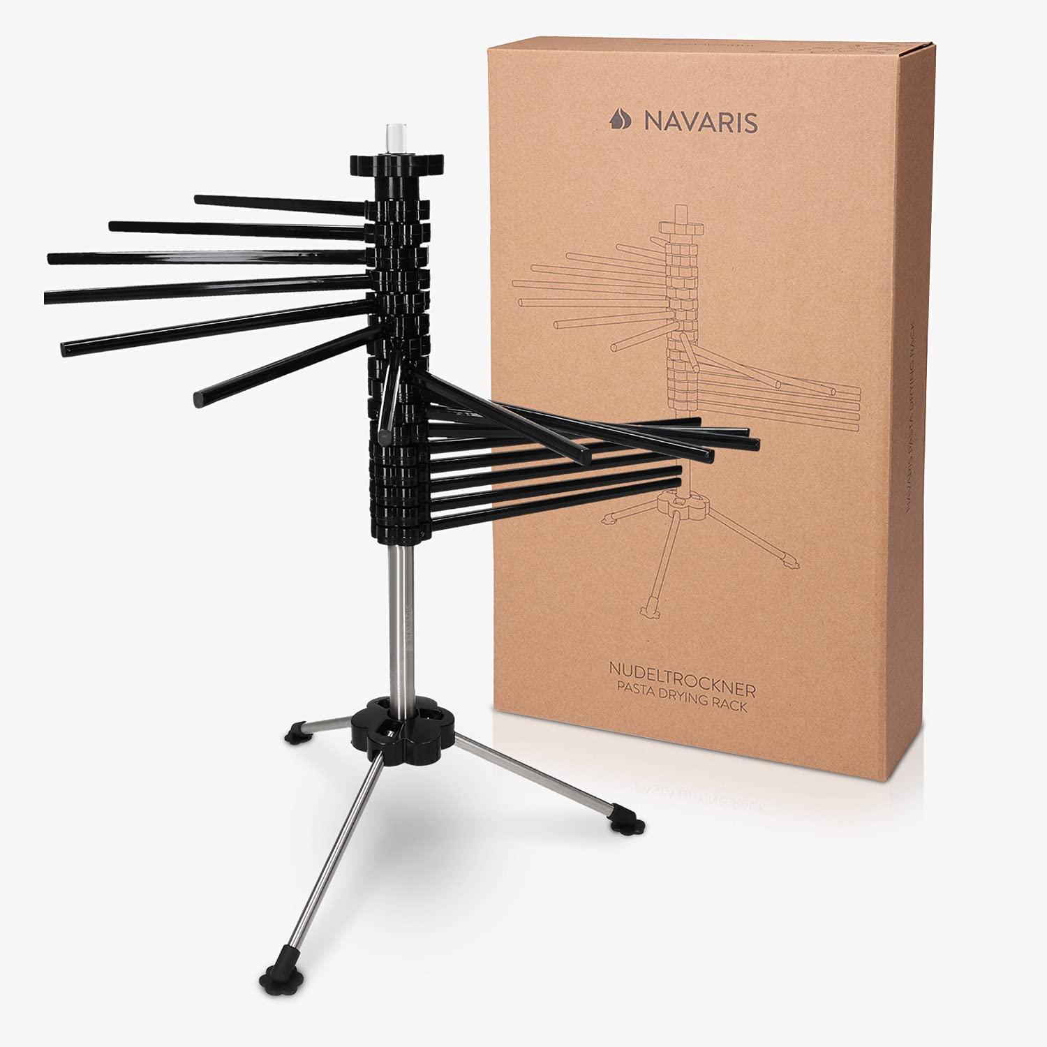 Navaris Collapsible Pasta Drying Rack - Tall Compact Spaghetti Noodle Stand with 16 Plastic Rods - Fresh Pasta Making Accessories - up to 2 kg (4.5 lbs) - Black