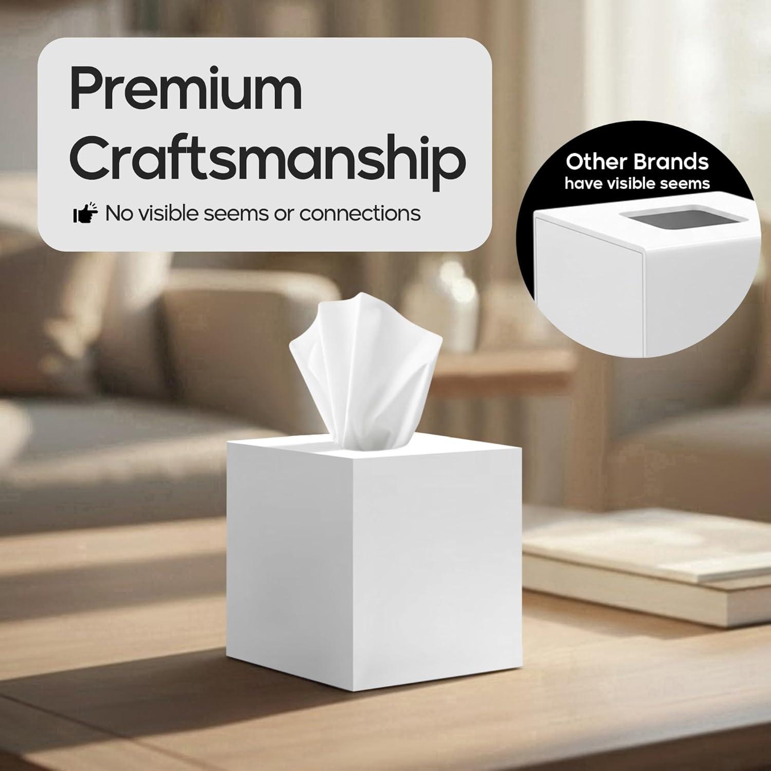 White Tissue Box Cover Square - Plastic Facial Tissue Box Holder - Decorative Cube Tissue Holder Dispenser Fits Any Vanity Countertop, Bedroom Dresser, Office, Bathroom Decor C33