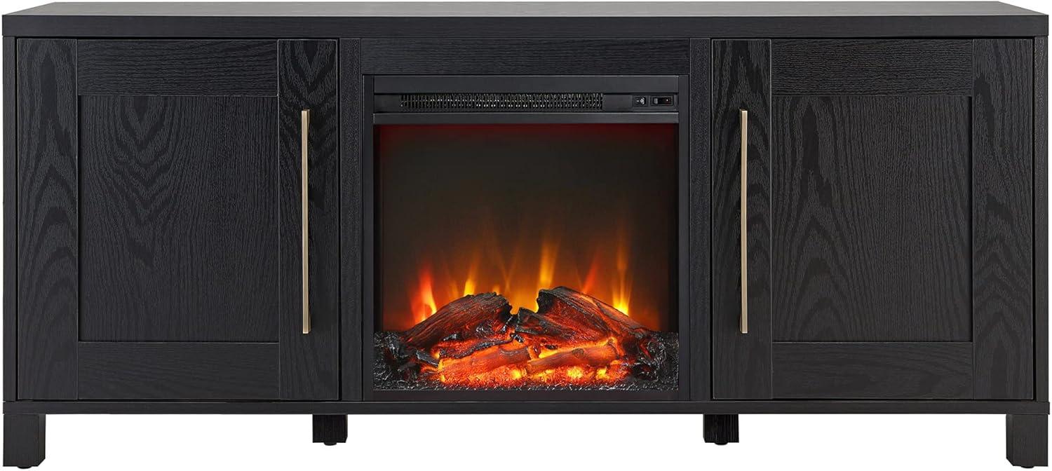 Evelyn&Zoe Chabot Rectangular TV Stand with Log Fireplace for TV's up to 65", Black Grain