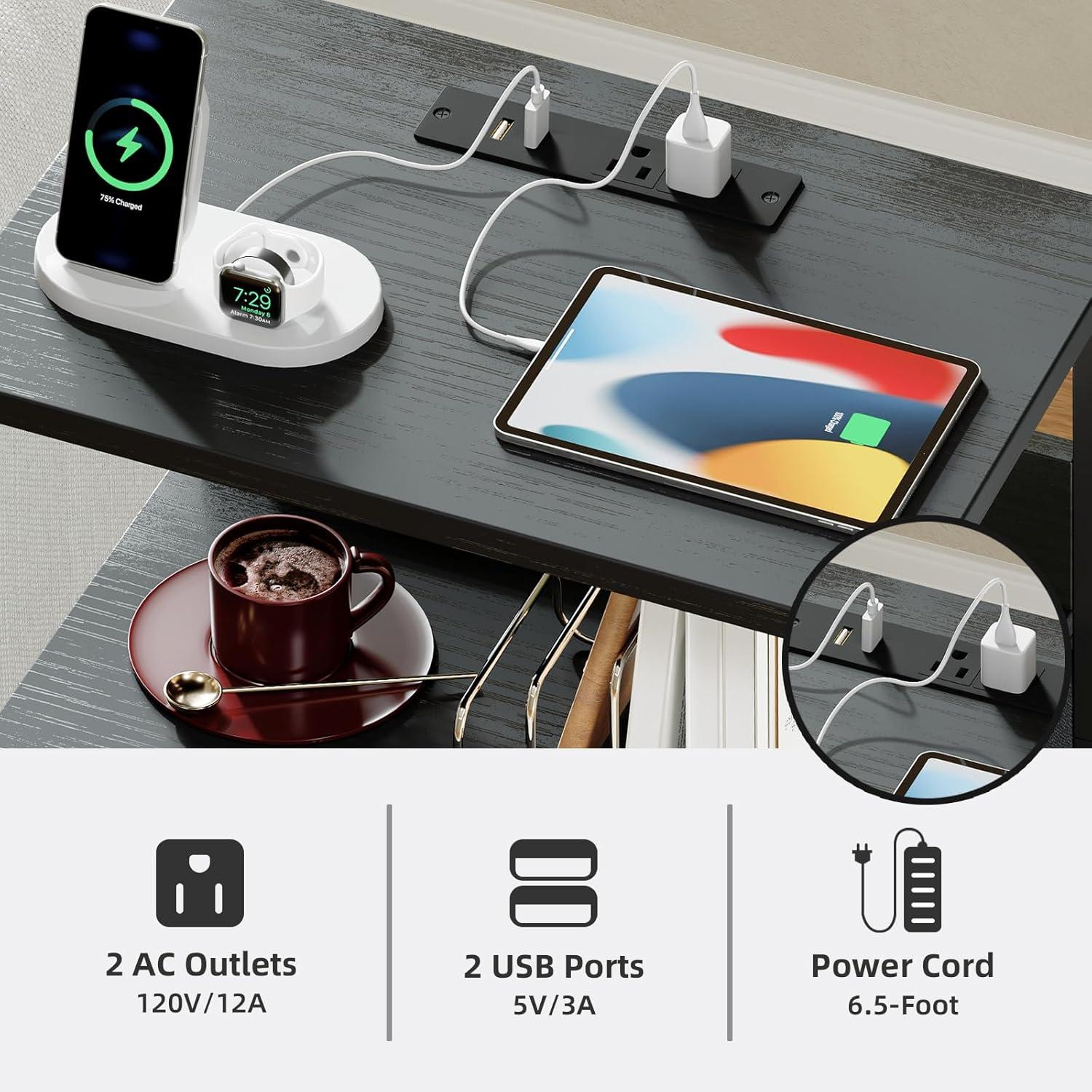 Eunos Black Dresser for Bedroom, 4 Drawer Nightstand with Charging Station, LED and Open Shelf