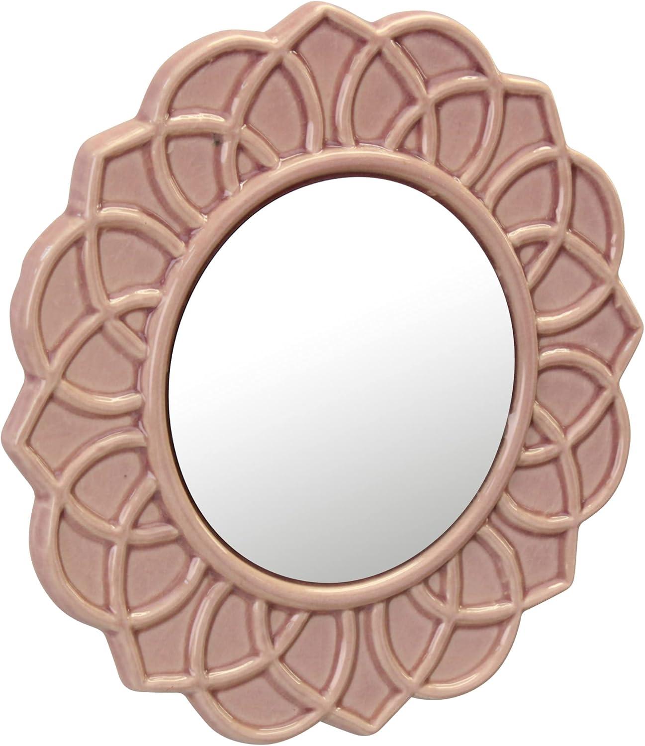 Stonebriar Collection 9" Round Floral Ceramic Wall Hanging Mirror Pink : Modern Decorative