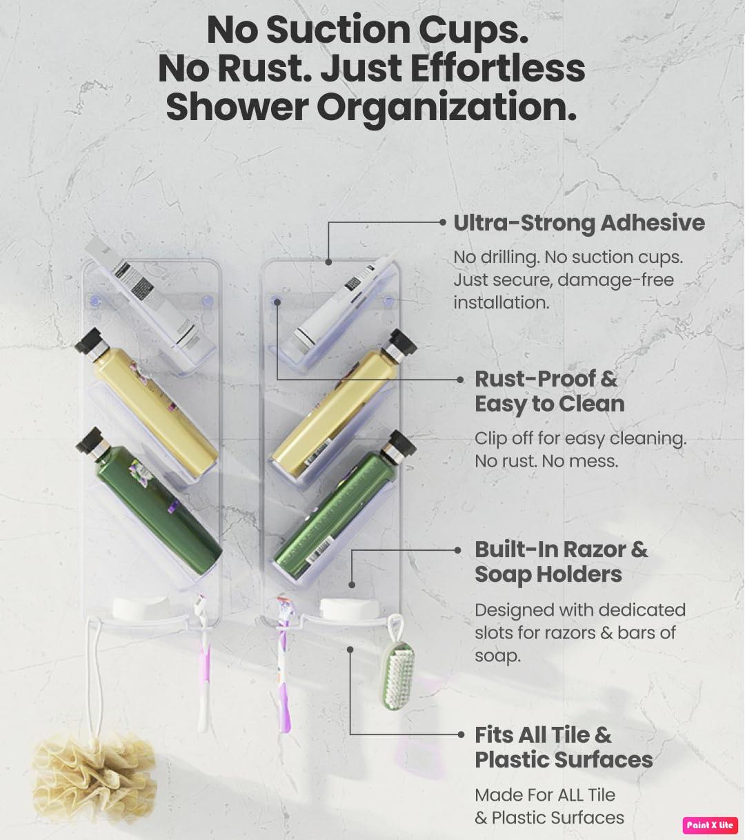 Easy Clean Shower Caddy, 2 Pack Durable Rustproof Bath Organizer, No Suction Cups, No Screws, Wall Mounted Adjustable Shower Rack, Acrylic Shelves As Seen On Instagram