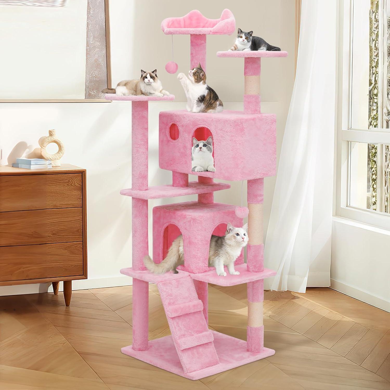 MoNiBloom Cat Tree House for Large Cats, Multi-Level Cat Tree Tower with Anti-Tipping Rope, Soft Pink