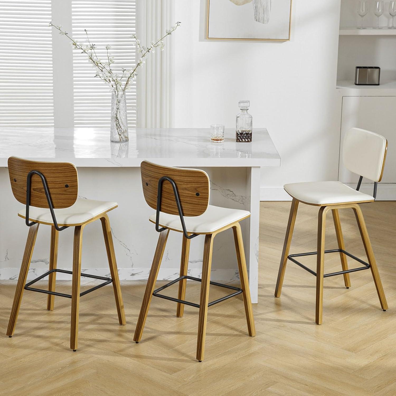 Cream PU Leather Upholstered Wood Counter Stools, Set of 3