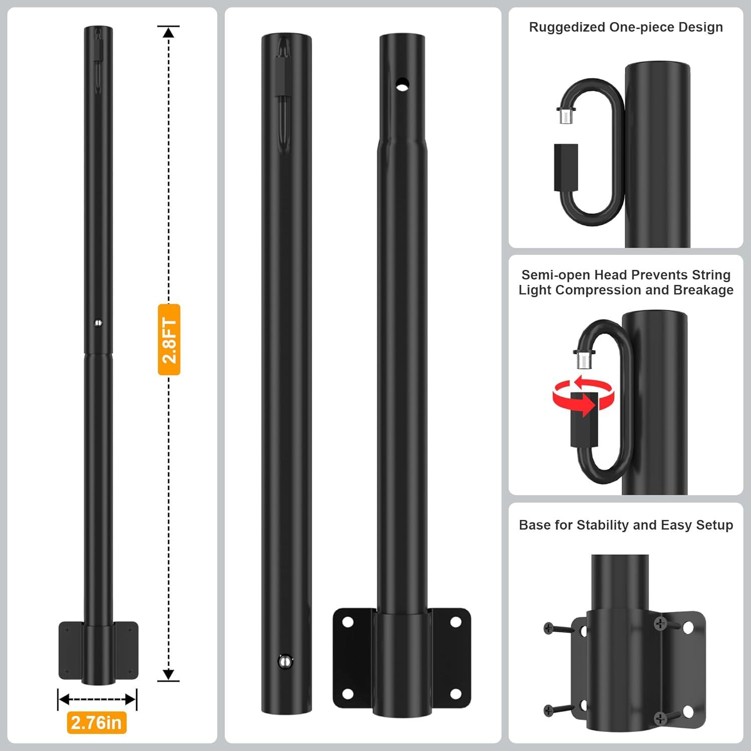 2 Pack 2.8 FT String Light Poles, Suspension Outdoor Fence Post Lights with Clip and Bracket