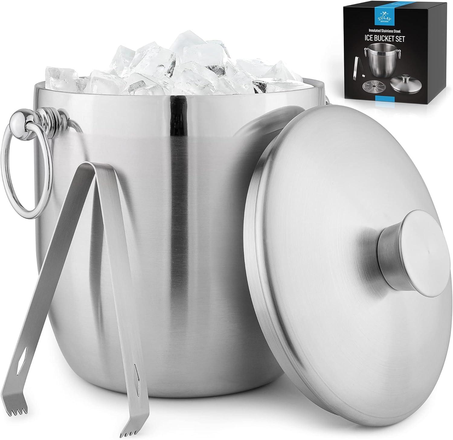 3L Stainless Steel Double-Wall Insulated Ice Bucket with Lid and Tongs