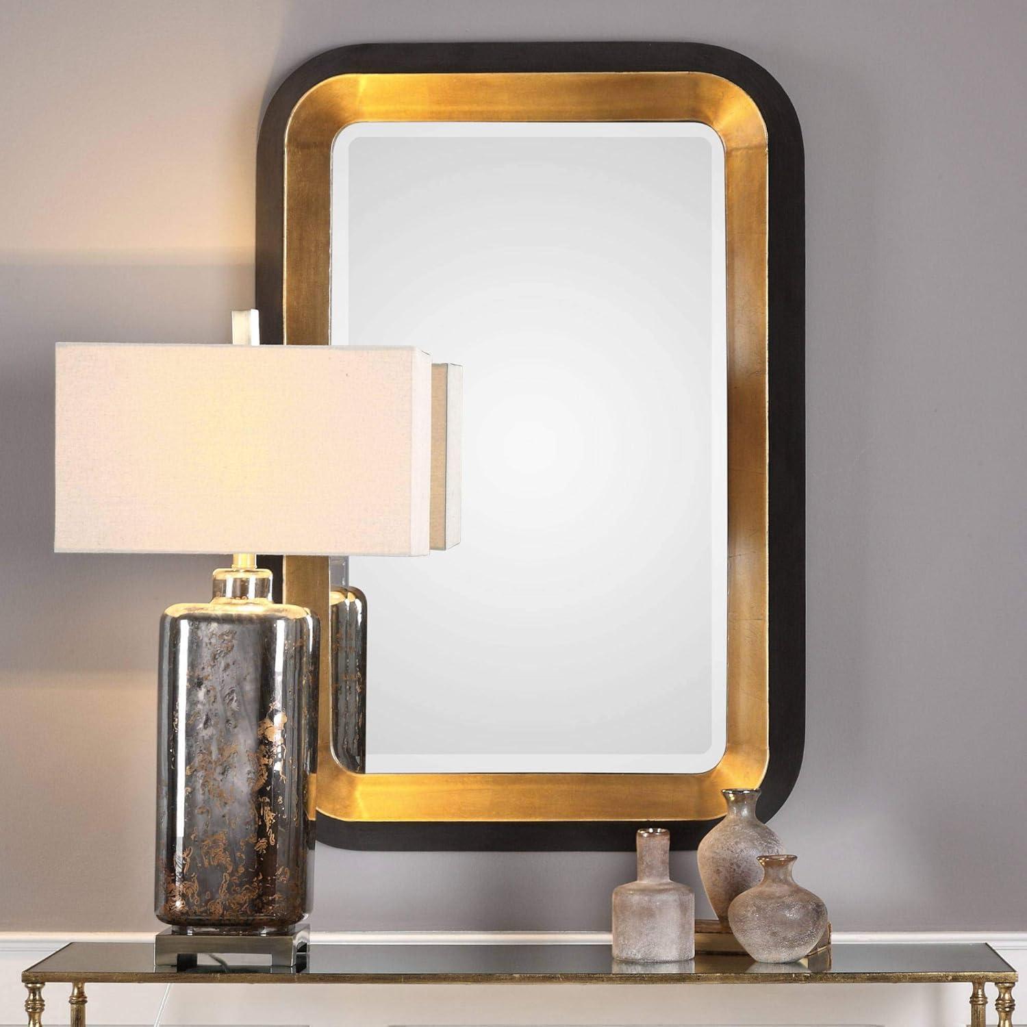 Uttermost Rectangular Vanity Decorative Wall Mirror Art Deco Antiqued Metallic Gold Distressed Black Frame 28" Wide for Bathroom