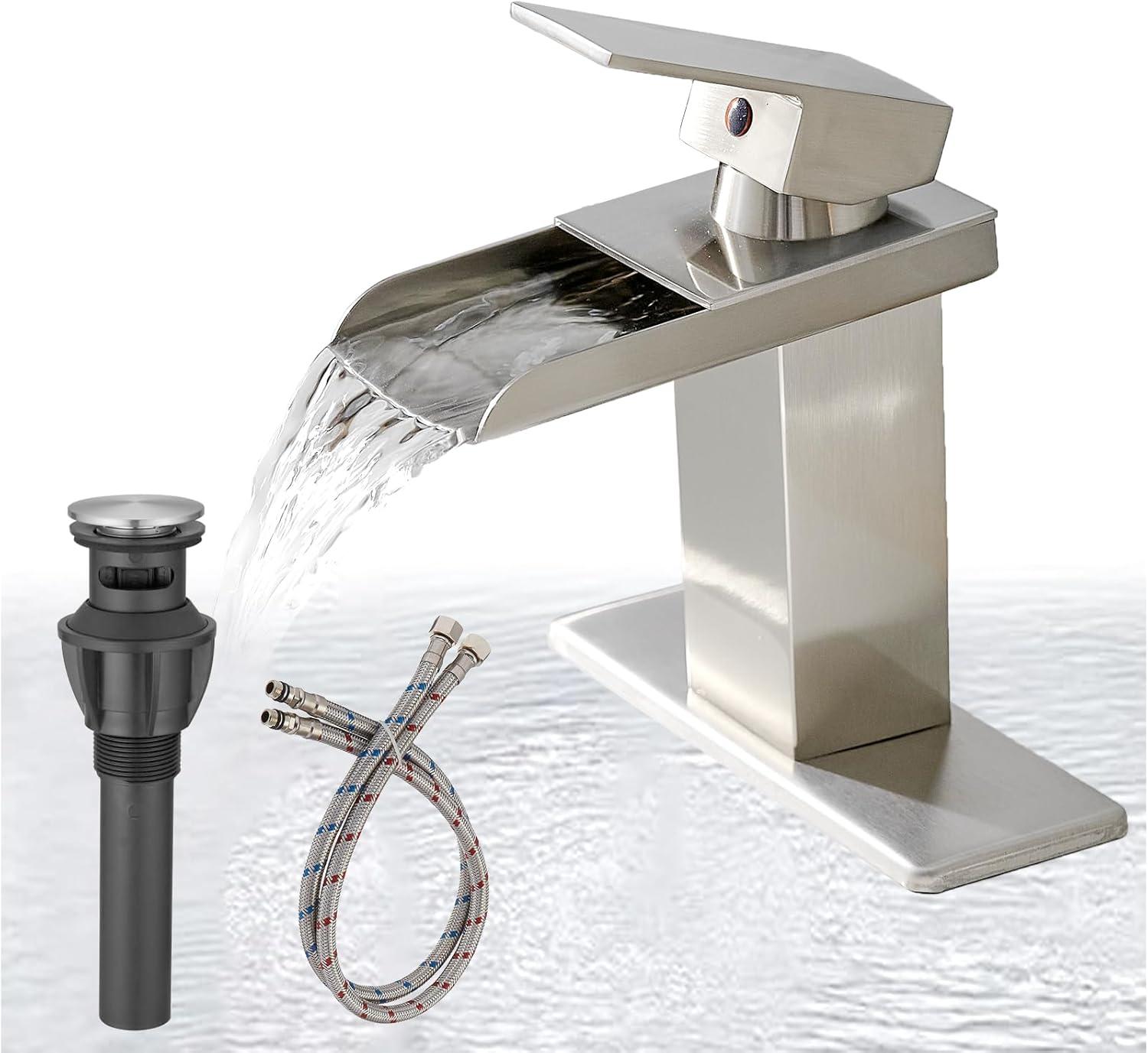 Brushed Nickel Square Waterfall Bathroom Faucet with Deck Plate