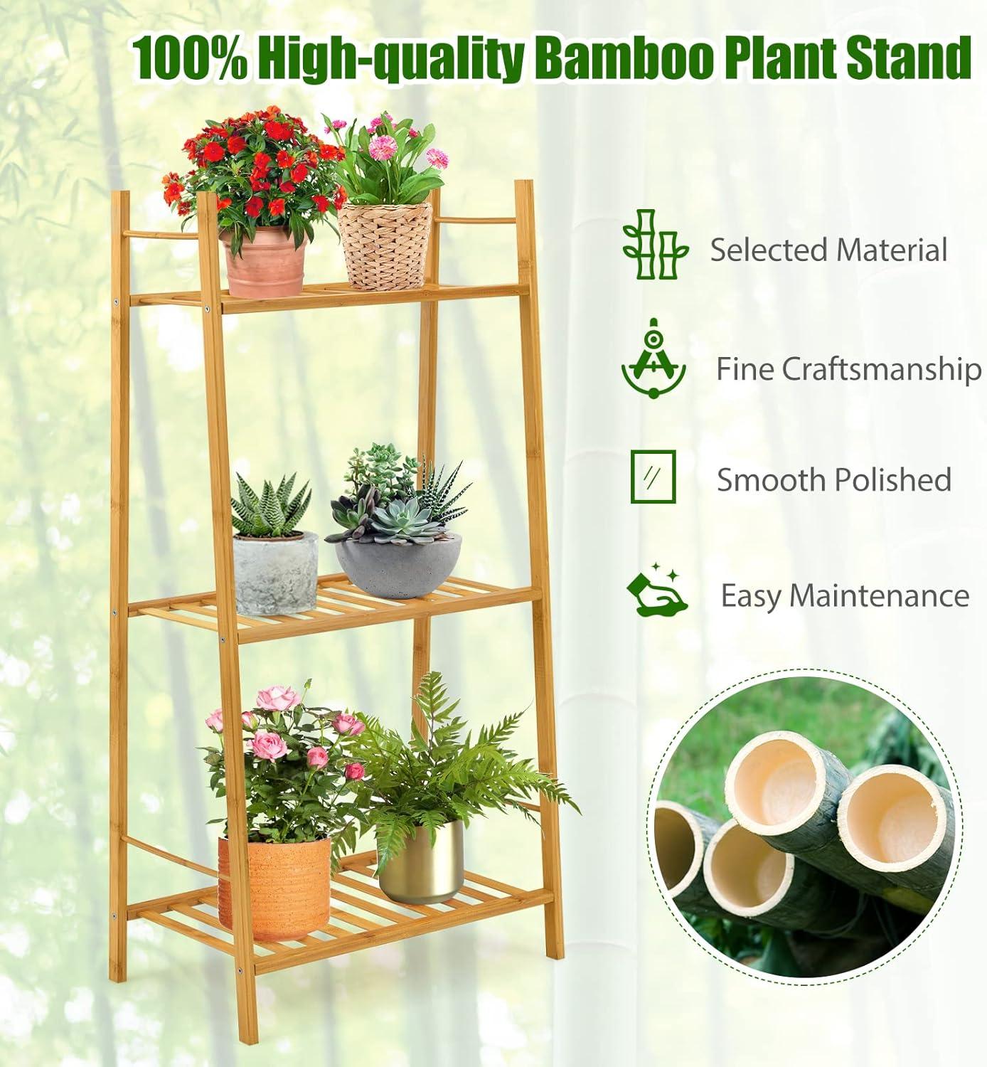 Costway Bamboo Plant Stand 3 Tiers Plant Rack Vertical Tiered Plant Ladder Shelf