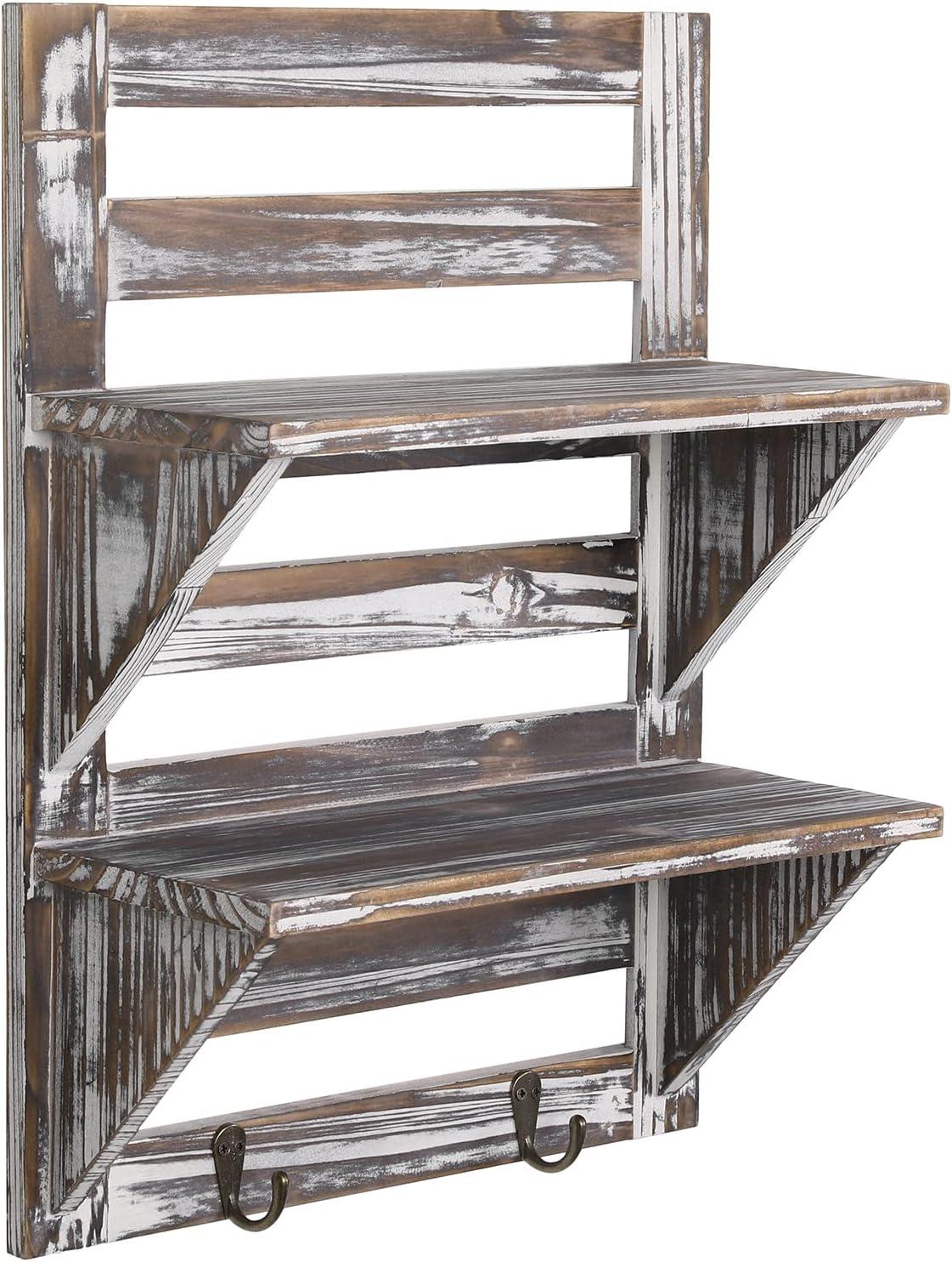 Rustic Torched Wood 2-Tier Wall Shelf with Key Hooks