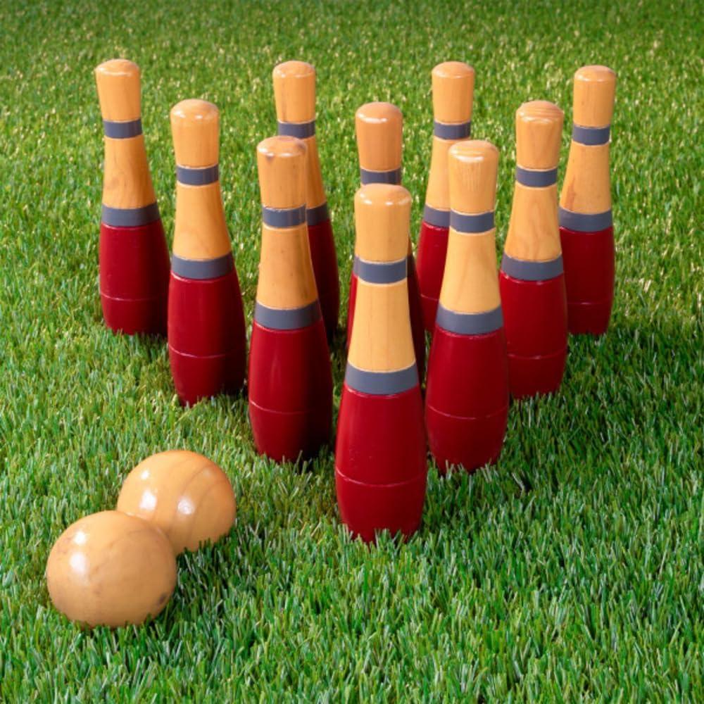 Lawn Bowling Game/Skittle Ball- Indoor and Outdoor Fun for Toddlers, Kids, Adults Â–10 Wooden Pins, 2 Balls, and Mesh Bag Set by Hey! Play! (8 Inch)