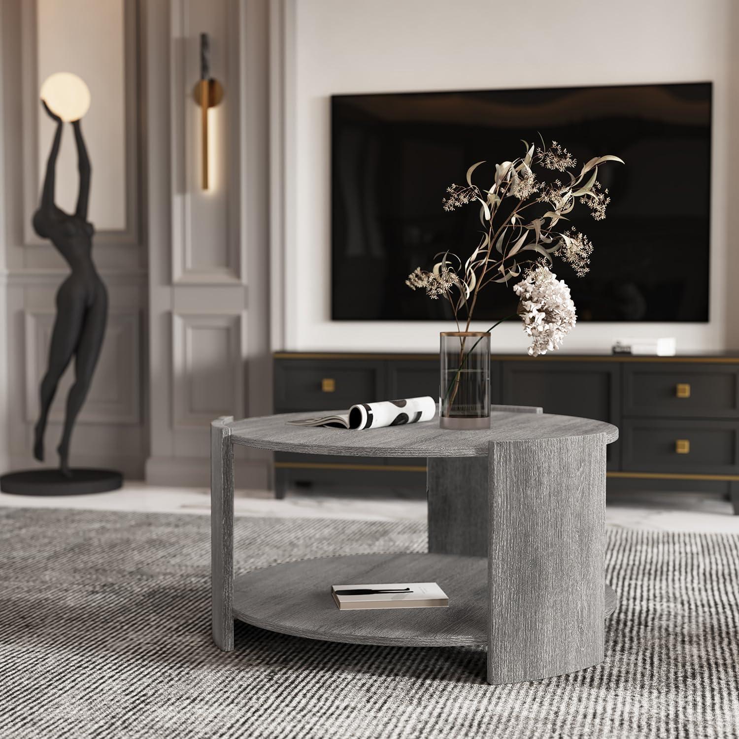 Michaelee Round Coffee Table, 36" Rustic Modern Circle Coffee Tables with 2 Tier Storage Shelf, Cocktail Table for Living Room Apartment
