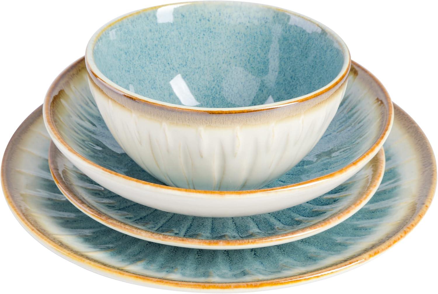 Light Blue Ceramic 16-Piece Embossed Dinnerware Set