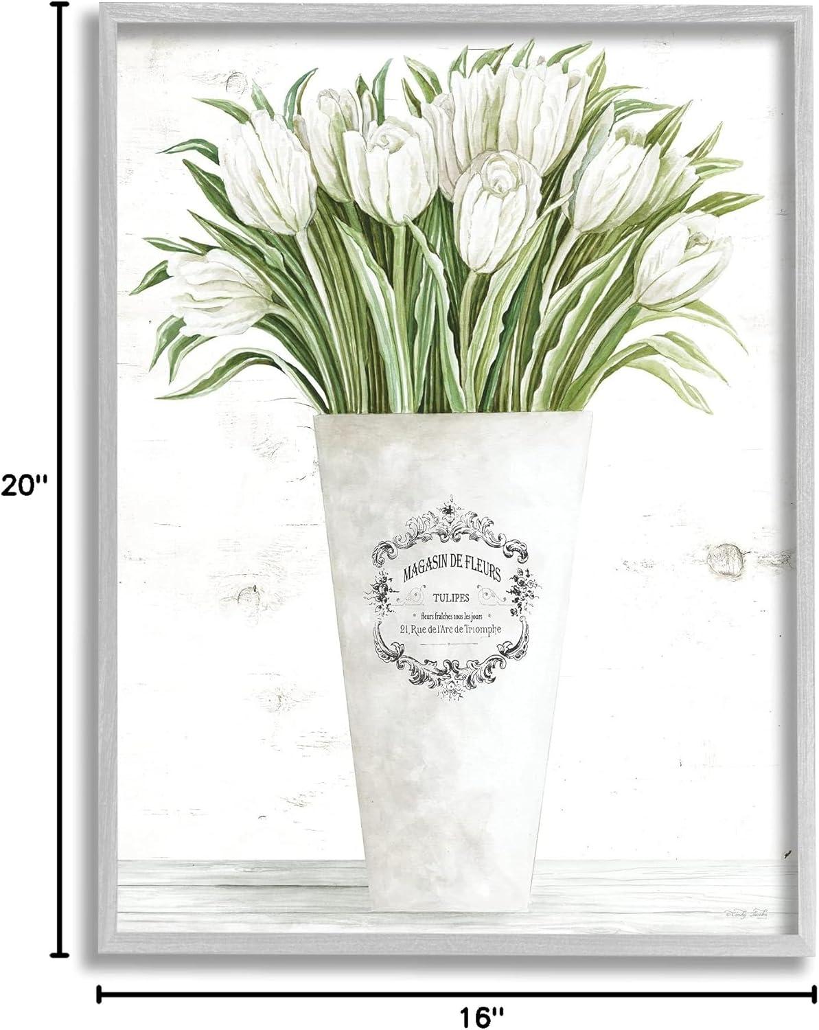 Stupell Industries White Tulip Bouquet in Parisian Vase Floral Arrangement Framed Wall Art Design by Cindy Jacobs, 16" x 20", Gray Framed