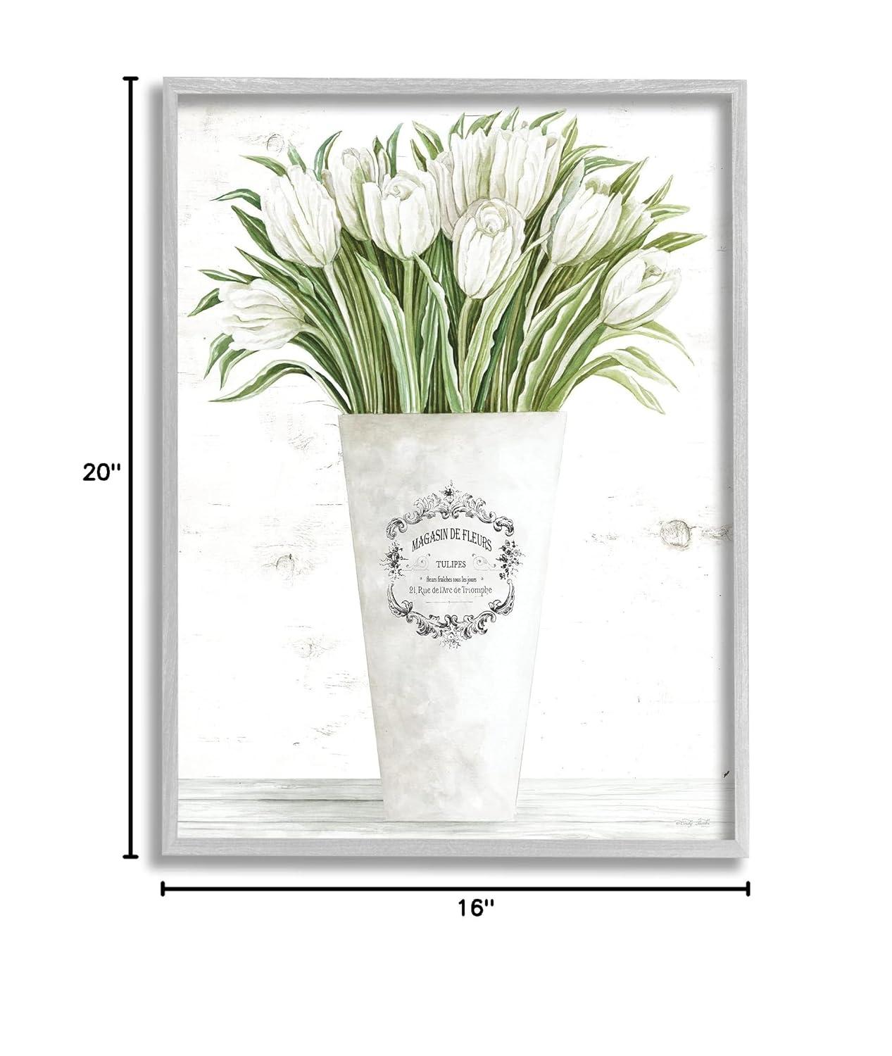 Stupell Industries White Tulip Bouquet in Parisian Vase Floral Arrangement Framed Wall Art Design by Cindy Jacobs, 16" x 20", Gray Framed