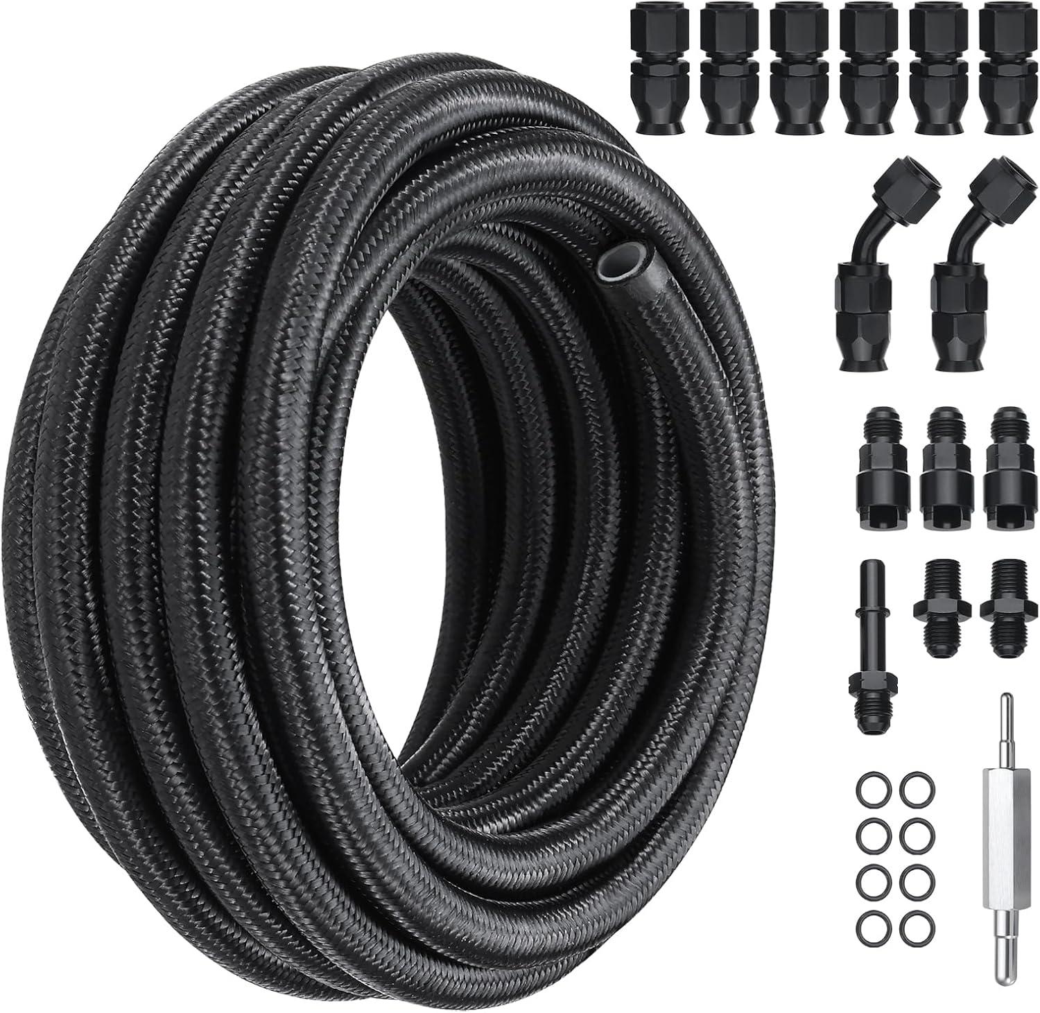 6AN Fuel Line Kit, 25 FT Fuel Hose Kit, 5/16" Nylon Stainless Steel Braided PTFE Fuel Line Kit, E85/Oil/Gas/Diesel Hose End Fitting Kit, with 15 PCS Swivel Fitting Adapter
