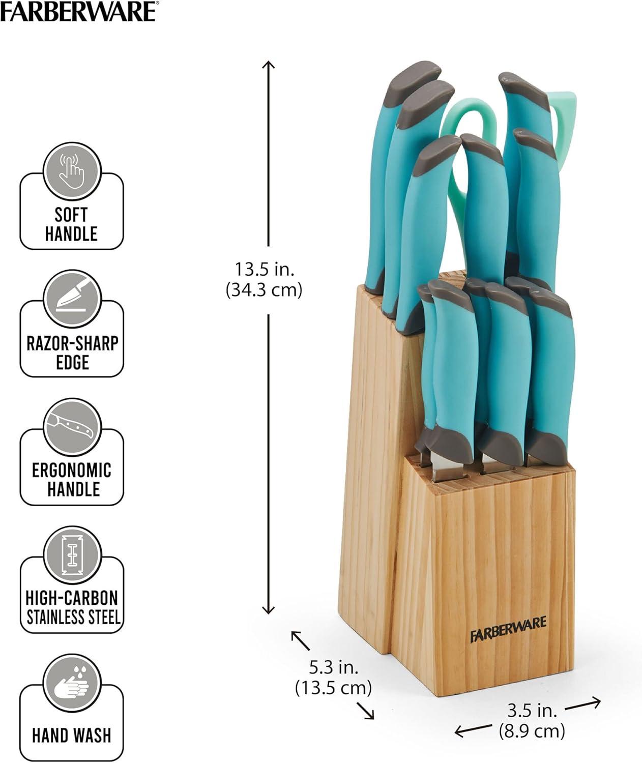 Aqua and Gray 14-Piece Soft Grip Knife Block Set