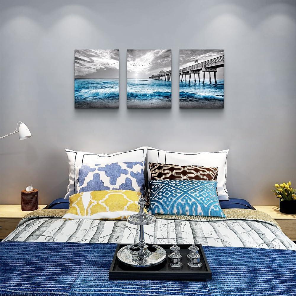 Large Framed Blue Ocean Pier Canvas Wall Art Set