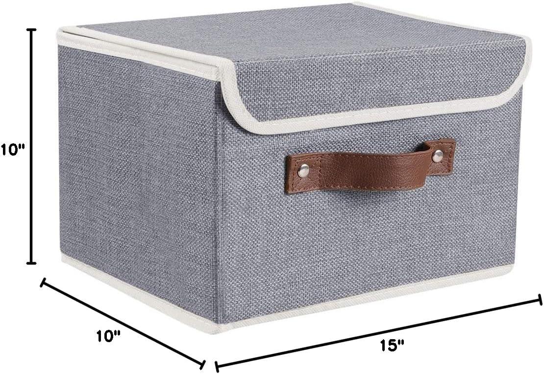 Gray Collapsible Fabric Storage Cubes with Lids and Faux Leather Handles