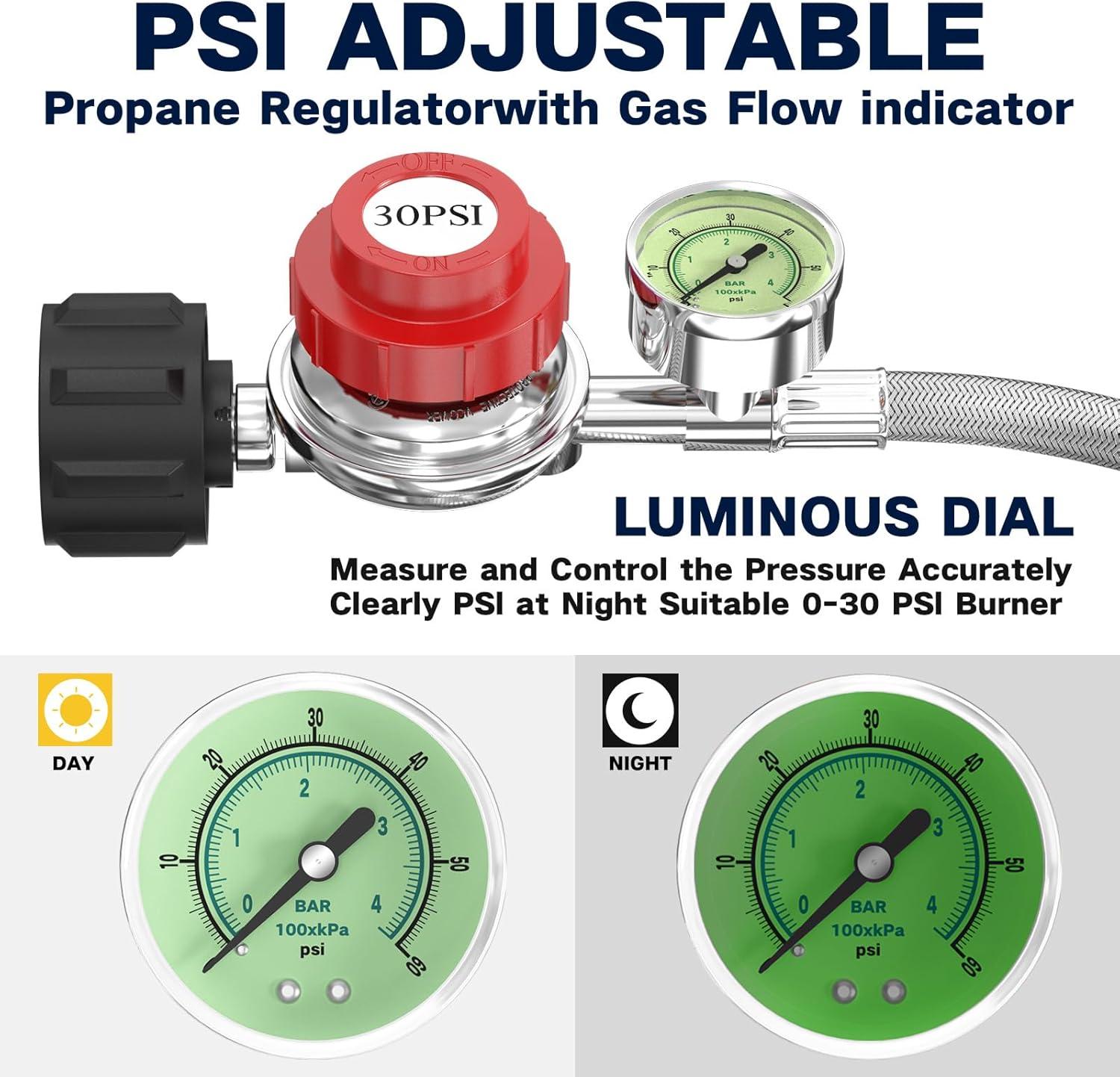 Gaspro 12ft 0-30 PSI Adjustable Propane Regulator with Gauge Stainless High Pressure Propane Hose with Regulator and  3/8" Female Connector