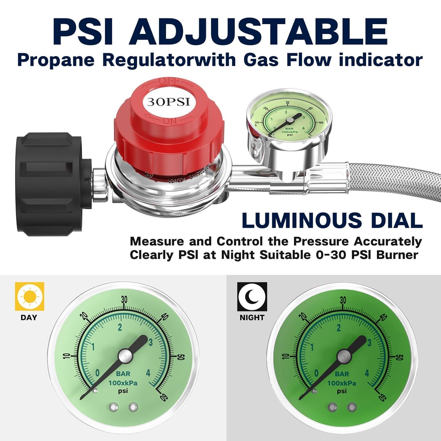 Gaspro 12ft 0-30 PSI Adjustable Propane Regulator with Gauge Stainless High Pressure Propane Hose with Regulator and  3/8" Female Connector