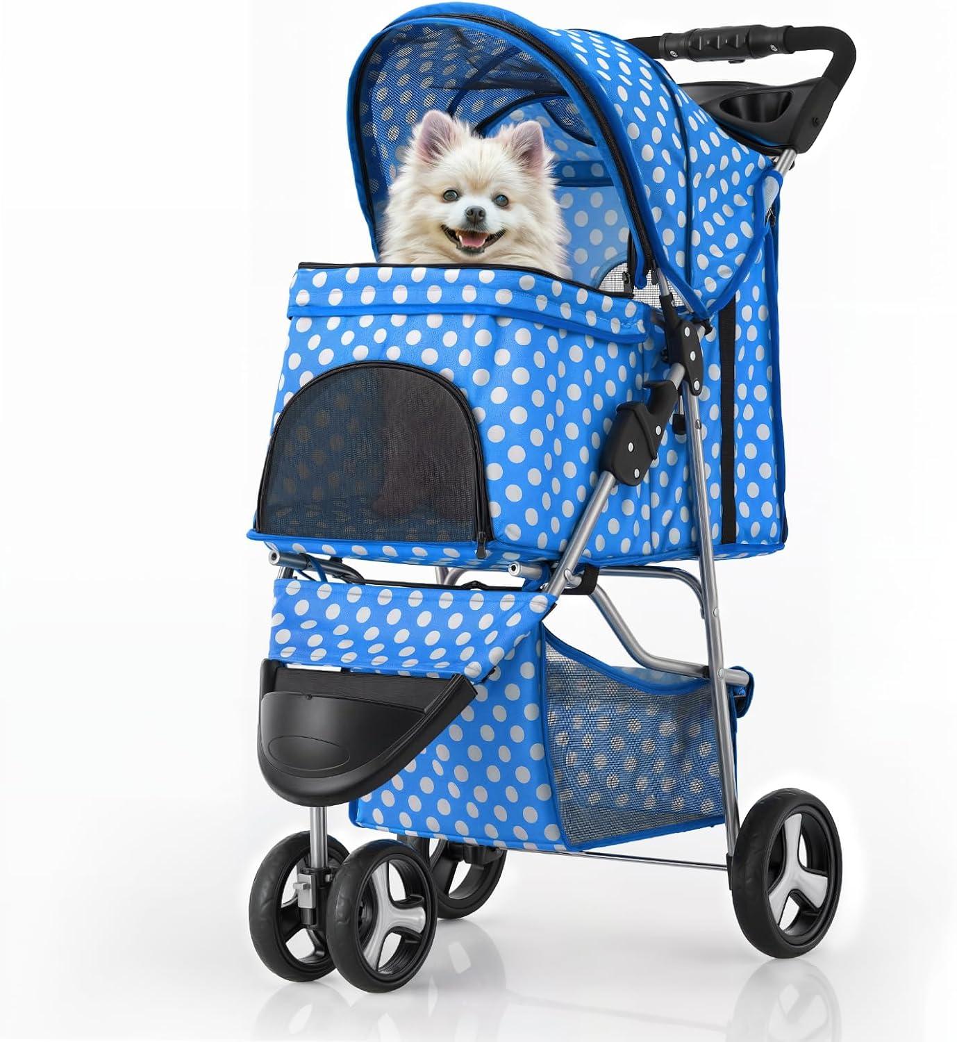 Magshion Foldable Pet Dog and Cat Stroller with Adjustable Canopy Storage Basket and Cup Holder for Small and Medium Pets