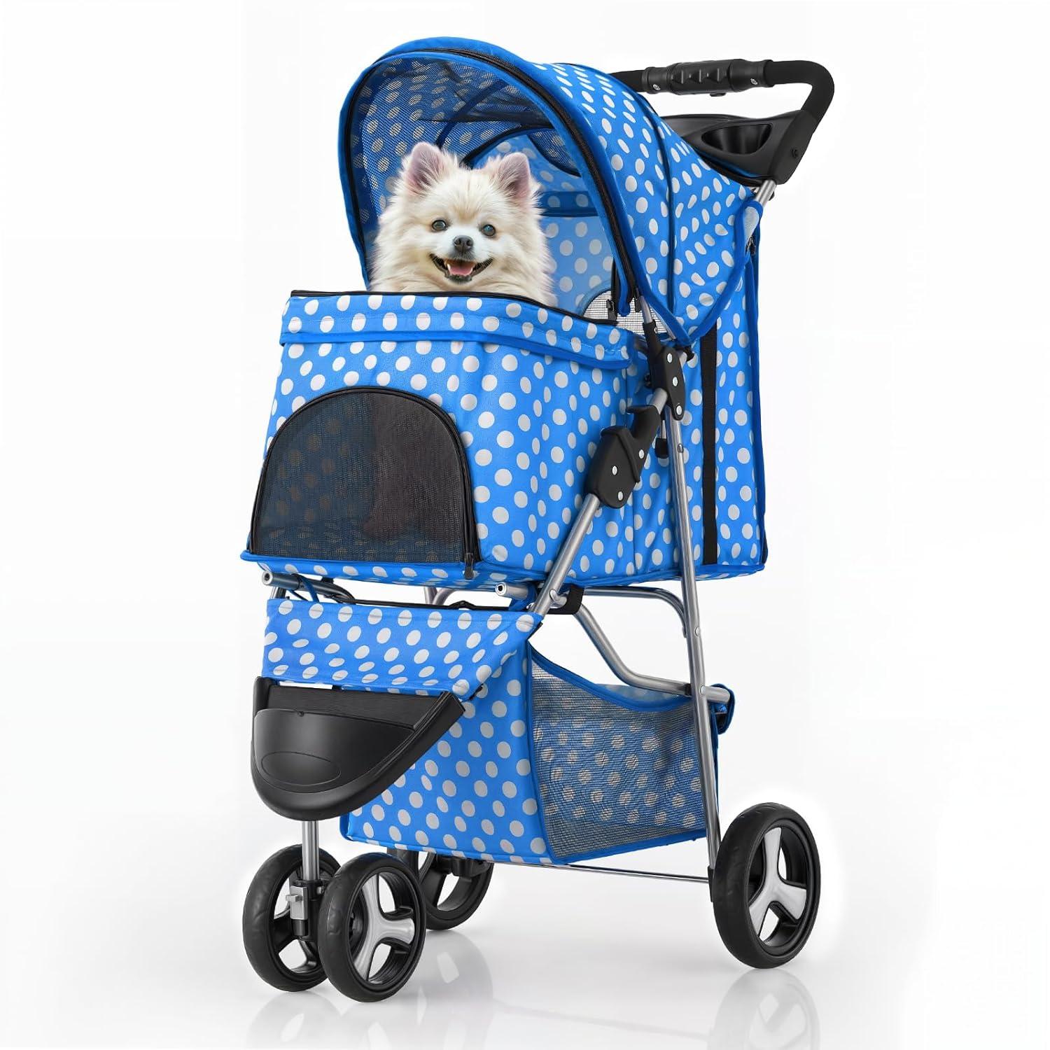 Magshion Foldable Pet Dog and Cat Stroller with Adjustable Canopy Storage Basket and Cup Holder for Small and Medium Pets