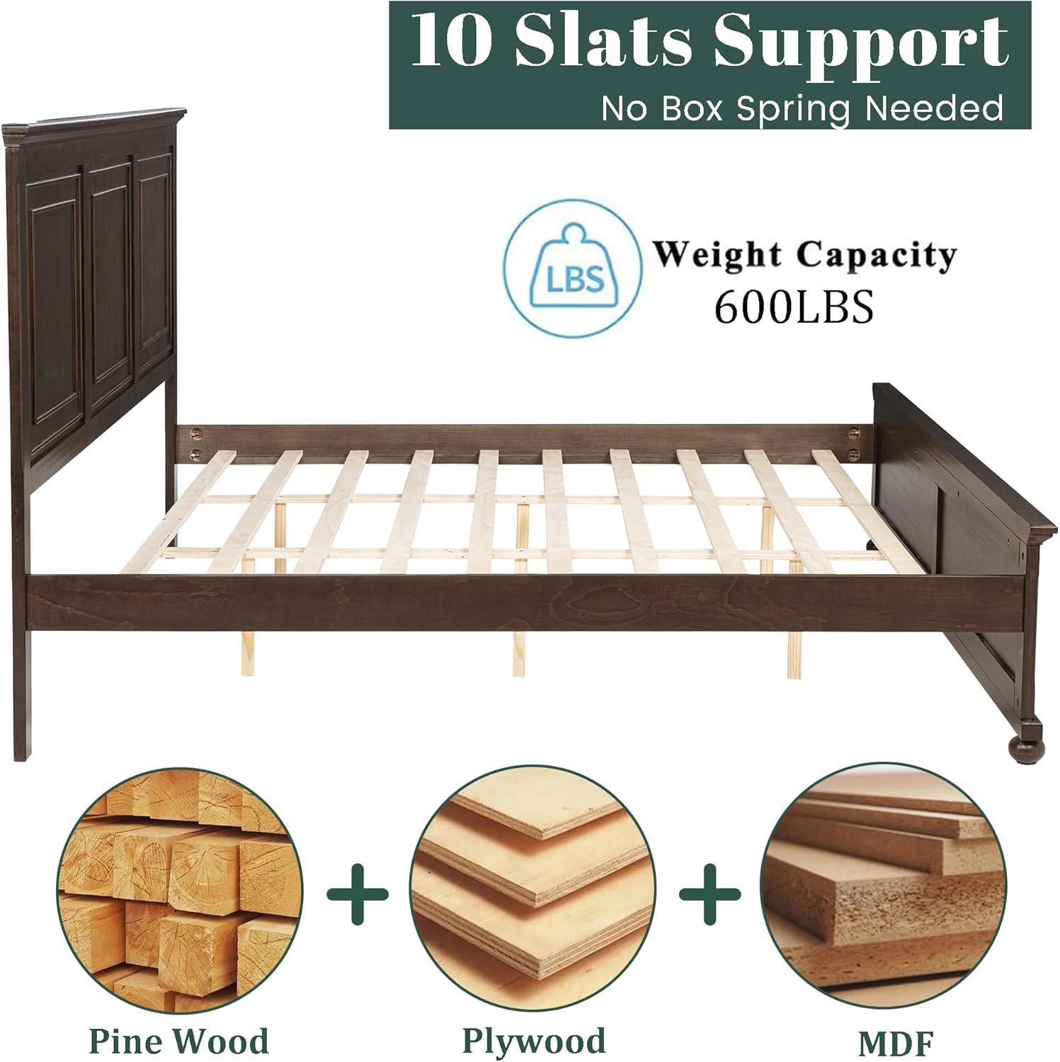 King Size Platform Bed with Tall Headboard & Footboard, Pinewood King Bed Frame with Wood Panel Bed Base, No Squeak, No Box Spring Needed, Traditional Style, Brown