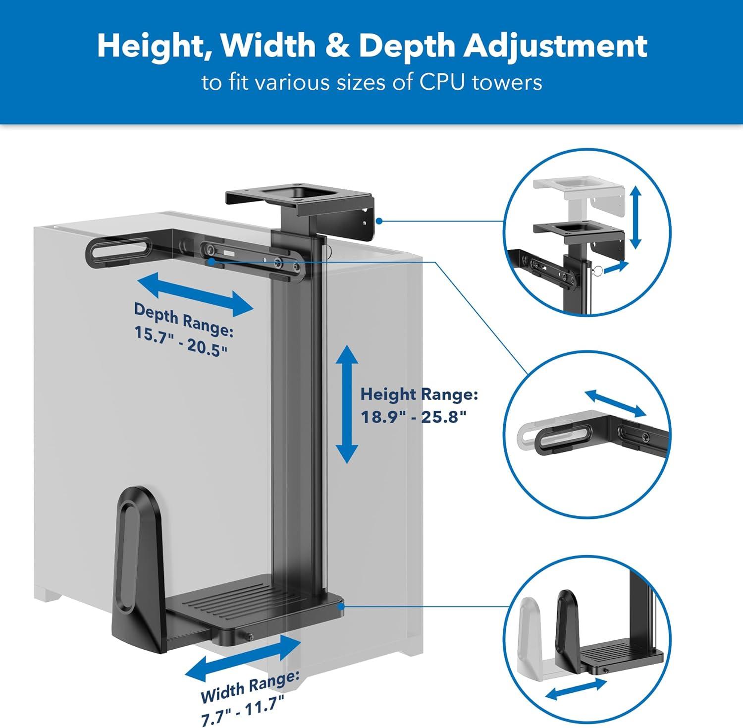 Mount-It! Heavy Duty Under Desk Computer Wall Mount | Height Adjustable CPU Holder with Sliding Tracks | 44 Lbs. Weight Capacity | Black