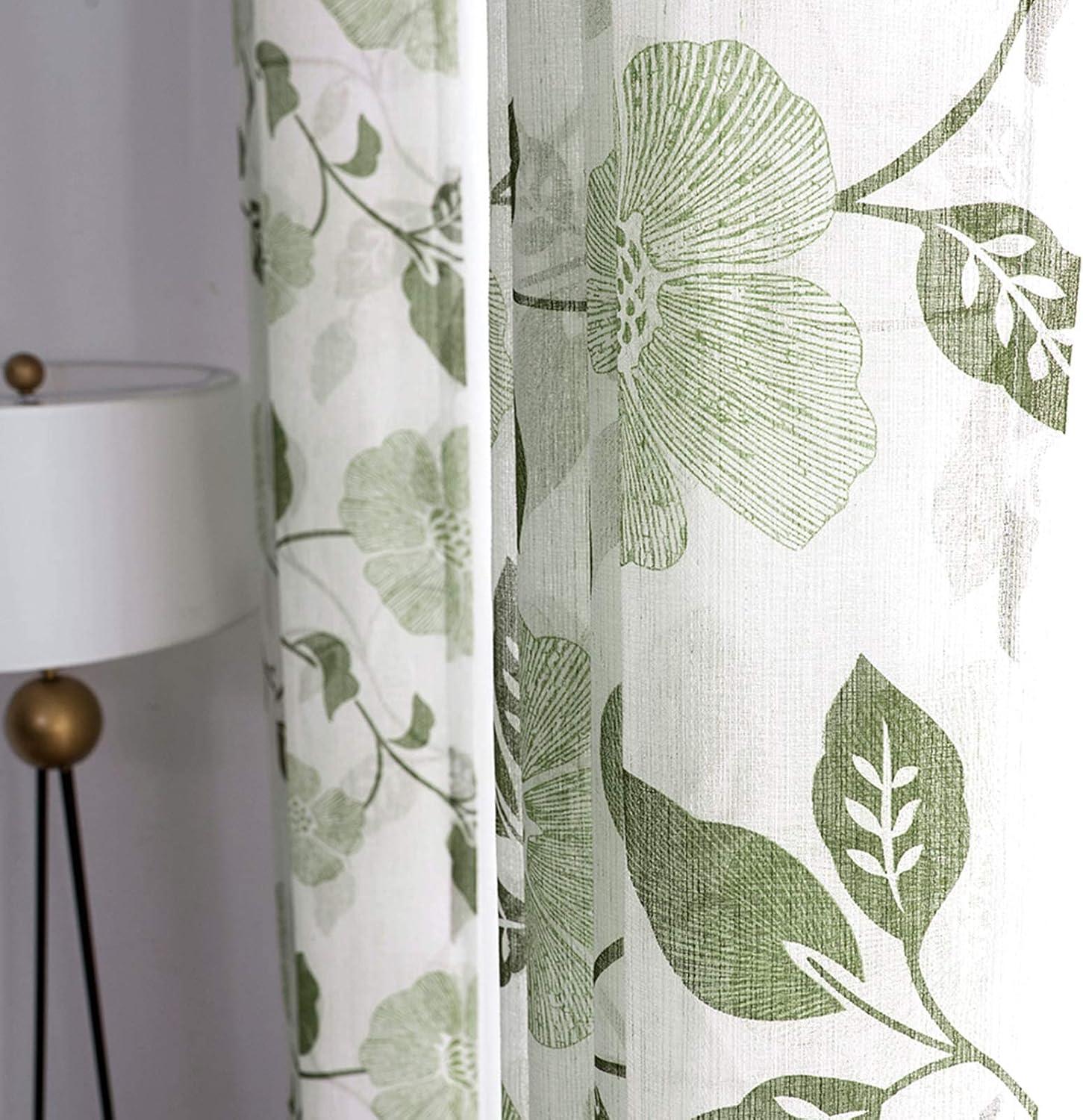 Olive Floral Sheer Polyester Linen Rod Pocket Curtains