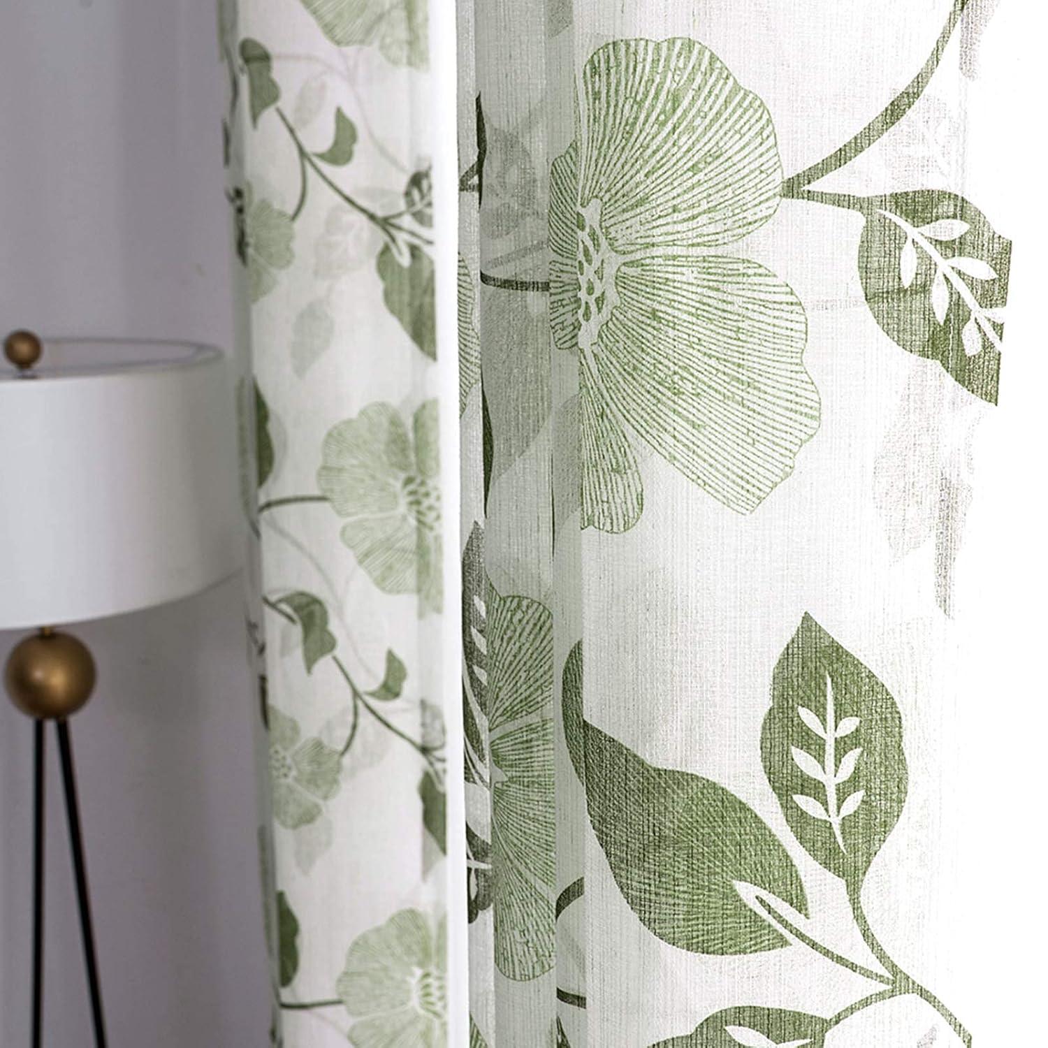 MRTREES Sheer Curtain Panels, Voile Sheer Curtains Drapes Rod Pocket, Flower Printed Embroidery Window Curtain Treatments for Bedroom Living Room Bathroom Window(2 Panels, 54x45 Inches, Olive)