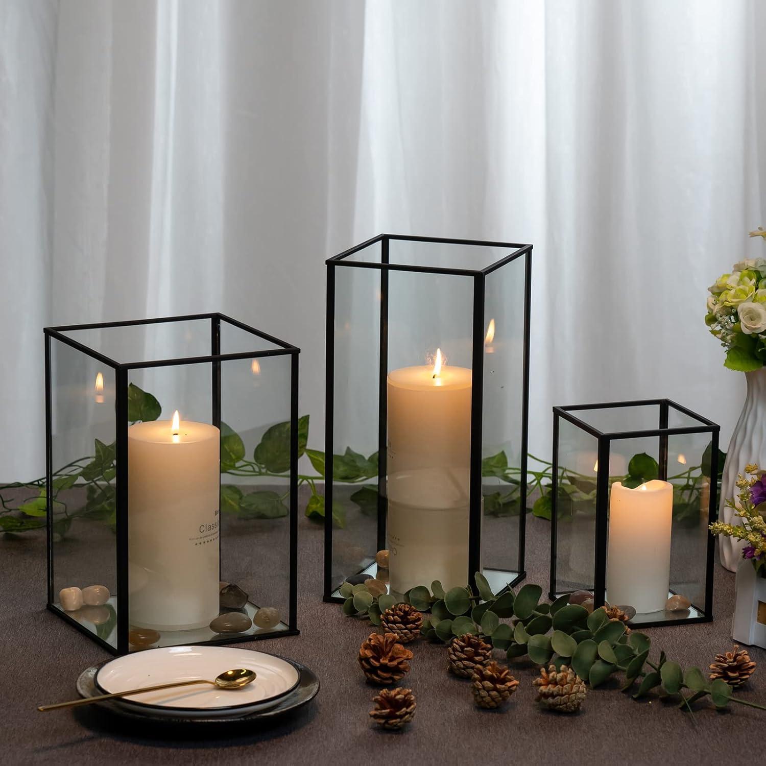 Phosphor Small Hurricane Candle Holder Set of 3 Pieces, Black Glass Candle Holder for Wedding, Party, Holiday.