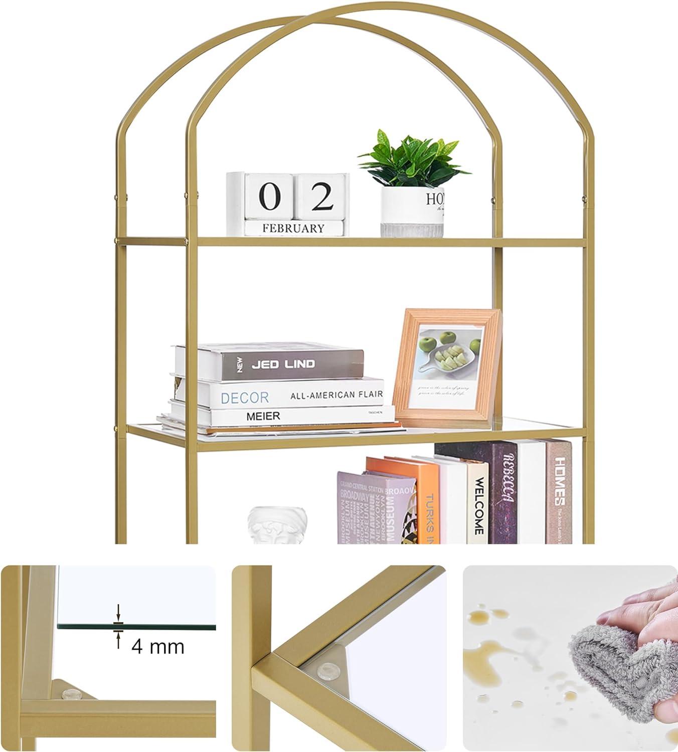 Mercer41 Bookcase Bookshelf, Tempered Glass Arched Bookshelf For More Storage, Slim Shelving Unit For Bedroom, Bathroom, Home Office, Steel Frame, 6 Tier Gold