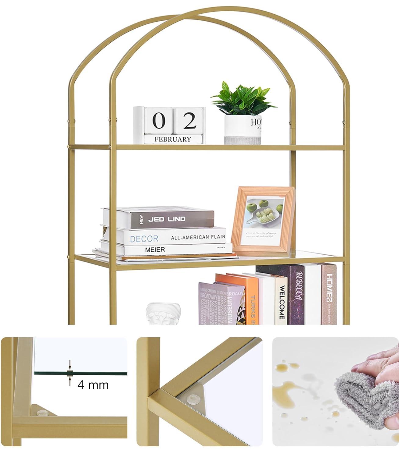 5 Tier Gold Bookshelf, Modern Storage Organizer Shelf, Metal Bookcase Stand for Office, Bedroom Kitchen Living Room