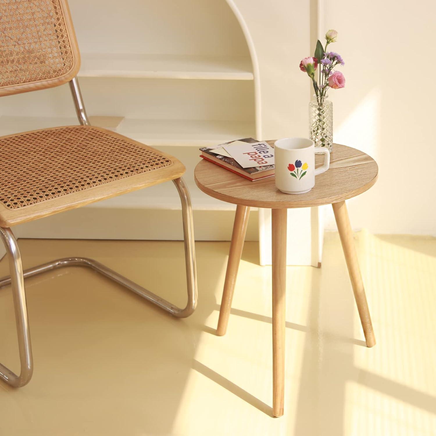 Natural Walnut Round Wood Side Table with Triangular Legs