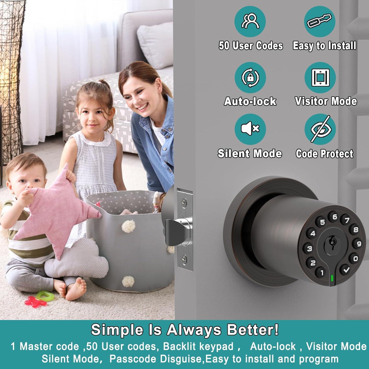 Keypad Door Handle With Key, Keyless Code Entry Lock, Automatic Lock, 50 User Codes, Easy To Install, Suitable For Home, Office, Hotel, Bedroom, Garage, No Door Latch