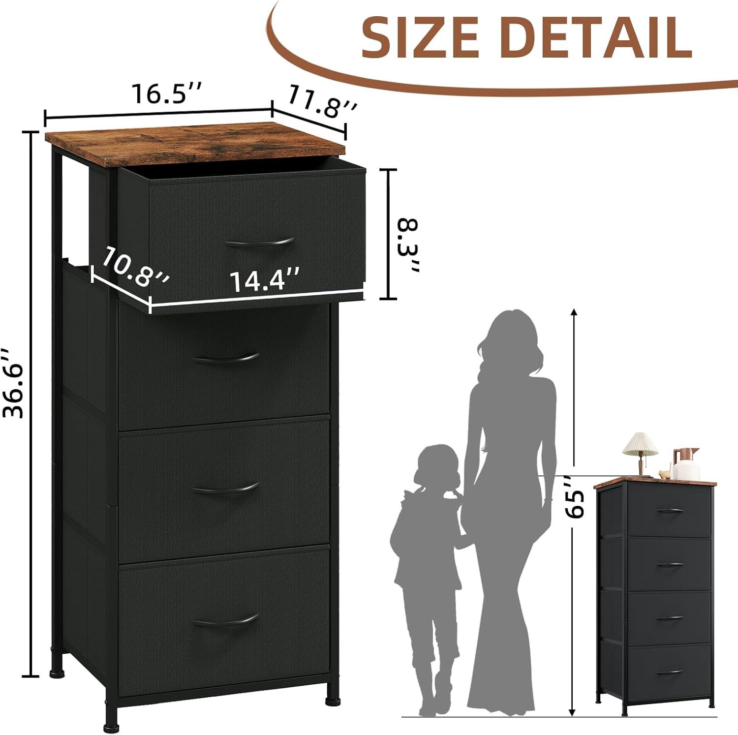 Somdot 4 Drawer Dresser, Chest of Drawers Fabric Vertical Nightstand for Bedroom, Black Rustic Brown