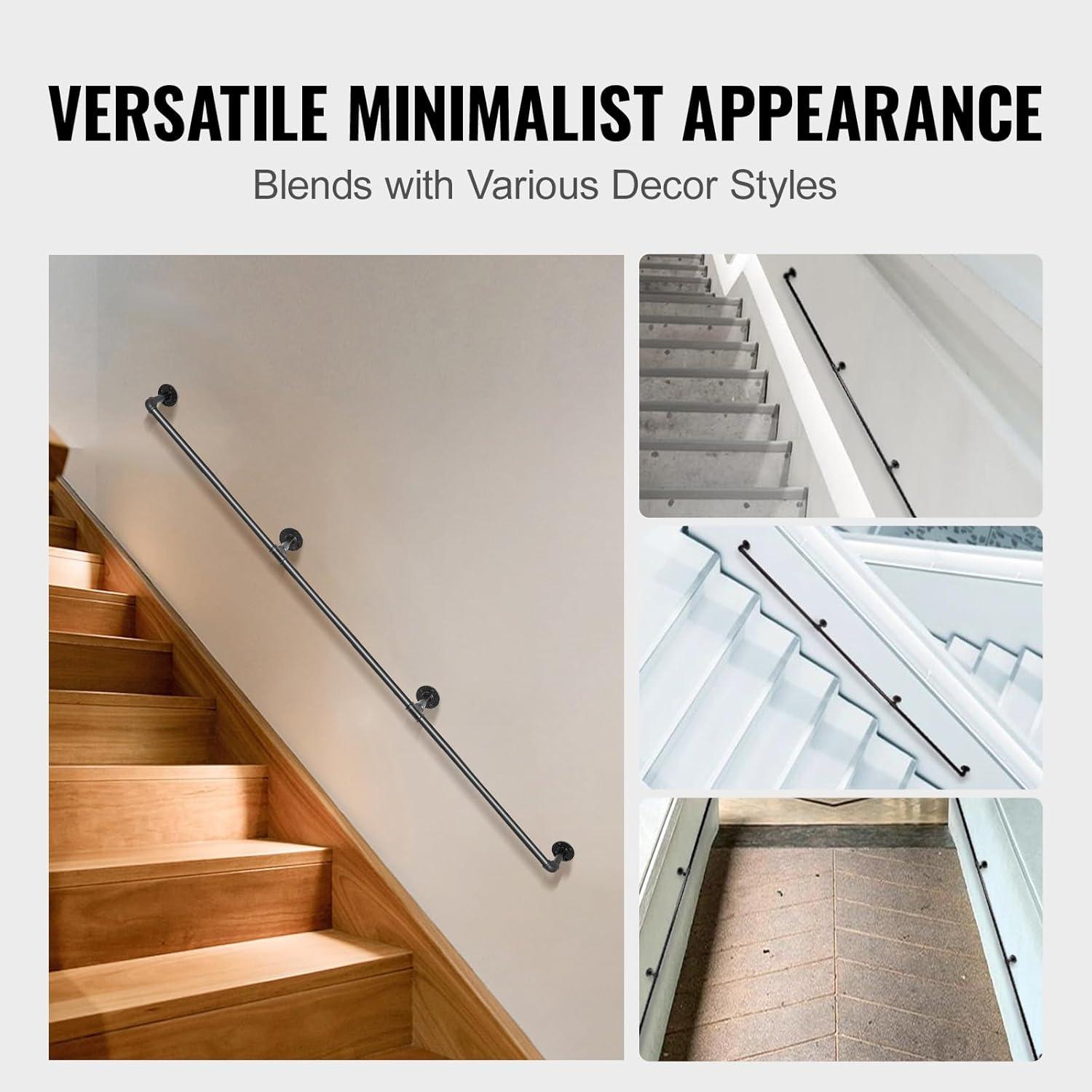 Black PVC and Stainless Steel Stair Handrail with Wall Mount