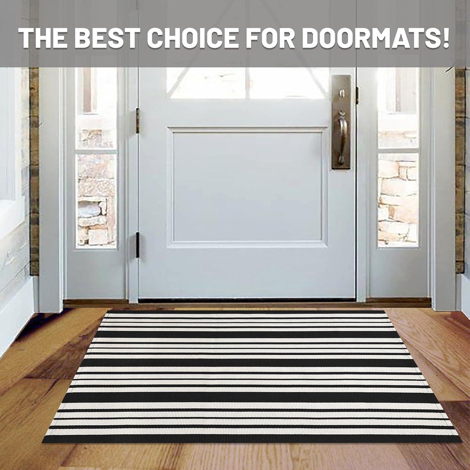 IOHOUZE Navy and White Striped Rug 2'x3' Front Door Rugs, Small Washable Area Rug for Front Porch, Spring Summer Doormats Outdoor Indoor, Cotton Rugs for Entryway Porch Entrance