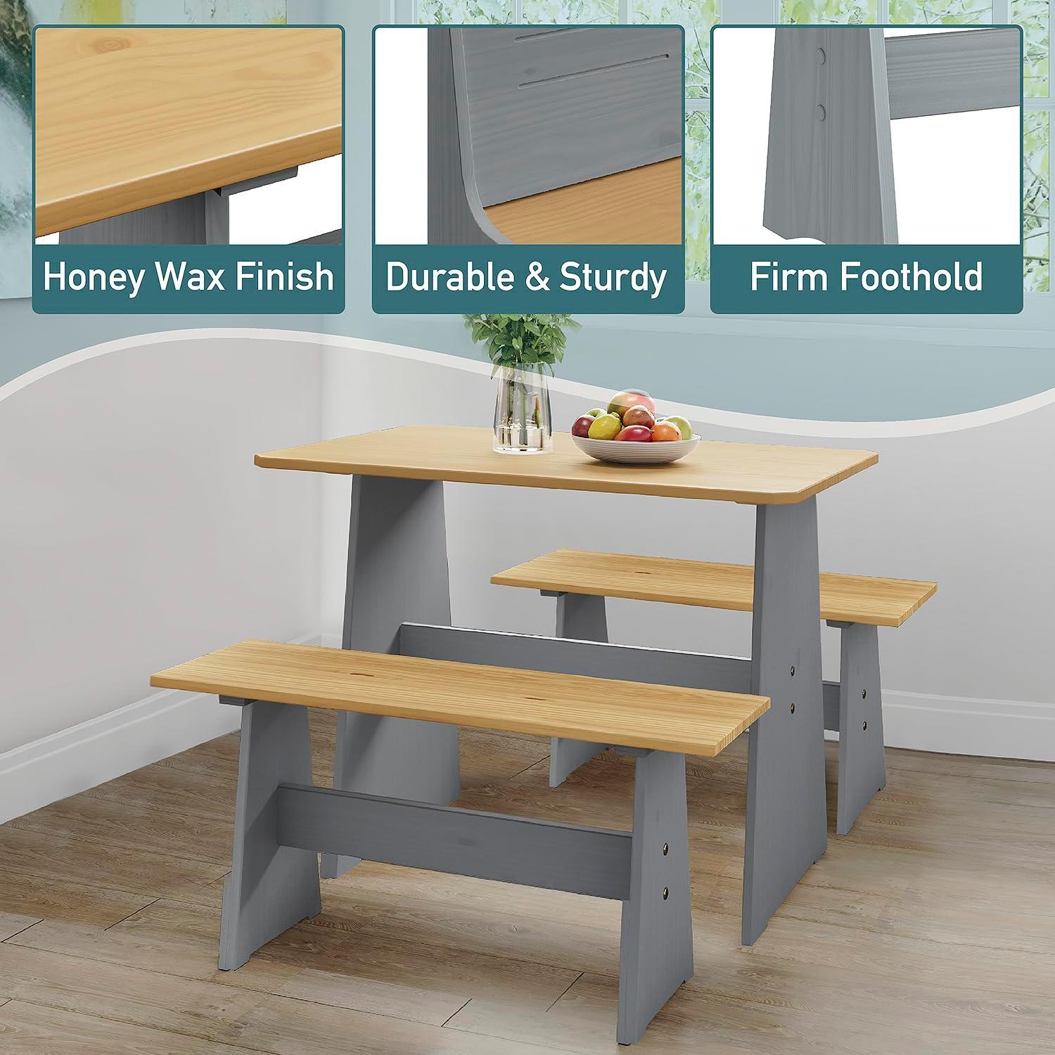 Urban Home Furniture Chapman 3 Piece Casual Dining 2-Tone Natural/Grey Solid Pine Wood Kitchen Table Set with 2 Benches, Kitchen Dining Set