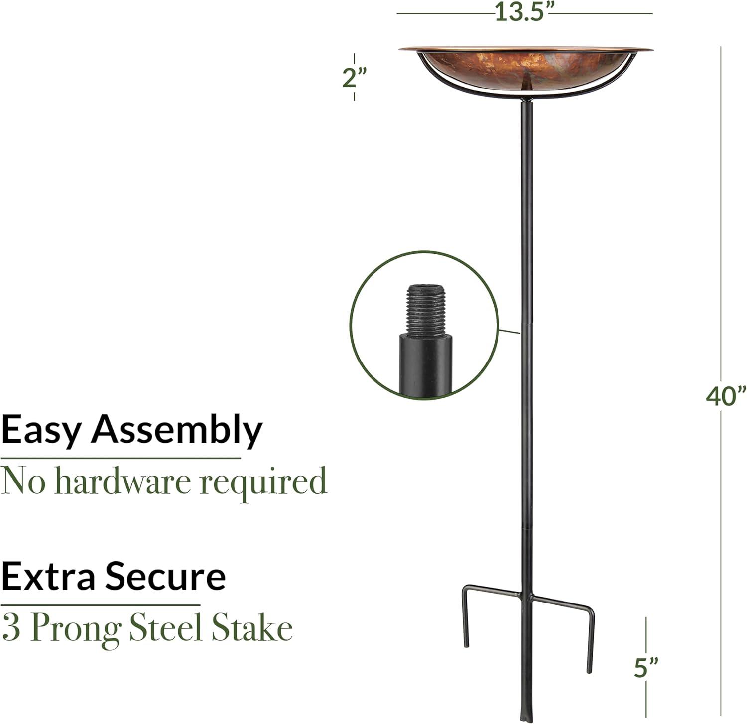 Hand-Applied Fired Copper Bird Bath with Garden Pole