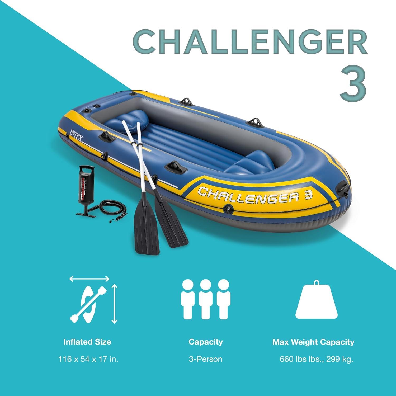 INTEX 68370EP Challenger 3 Inflatable Boat Set: Includes Deluxe 48in Boat Oars and Pump – Triple Air Chambers – 3-Person – 660lb Weight Capacity